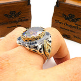 خاتم رجالي عثماني تركي يدوي الصنع من الفضة الإسترلينية متعددة الألوان بتصميم بيضاوي من التانزانيت