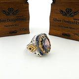 خاتم رجالي عثماني تركي يدوي الصنع من الفضة الإسترلينية متعددة الألوان بتصميم بيضاوي من التانزانيت