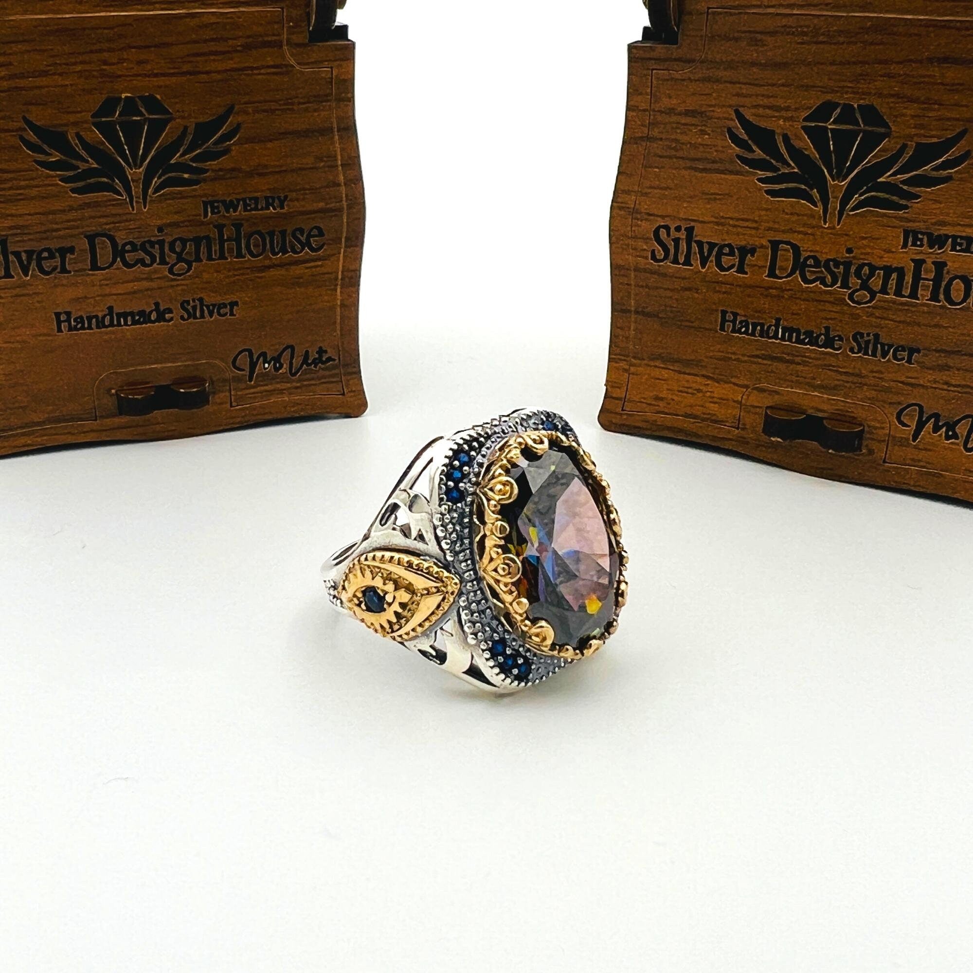 خاتم رجالي عثماني تركي يدوي الصنع من الفضة الإسترلينية متعددة الألوان بتصميم بيضاوي من التانزانيت