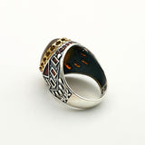 خاتم فضة إسترليني 925 على الطراز العثماني للرجال مع حجر العقيق البني | مجوهرات تركية مصنوعة يدوياً