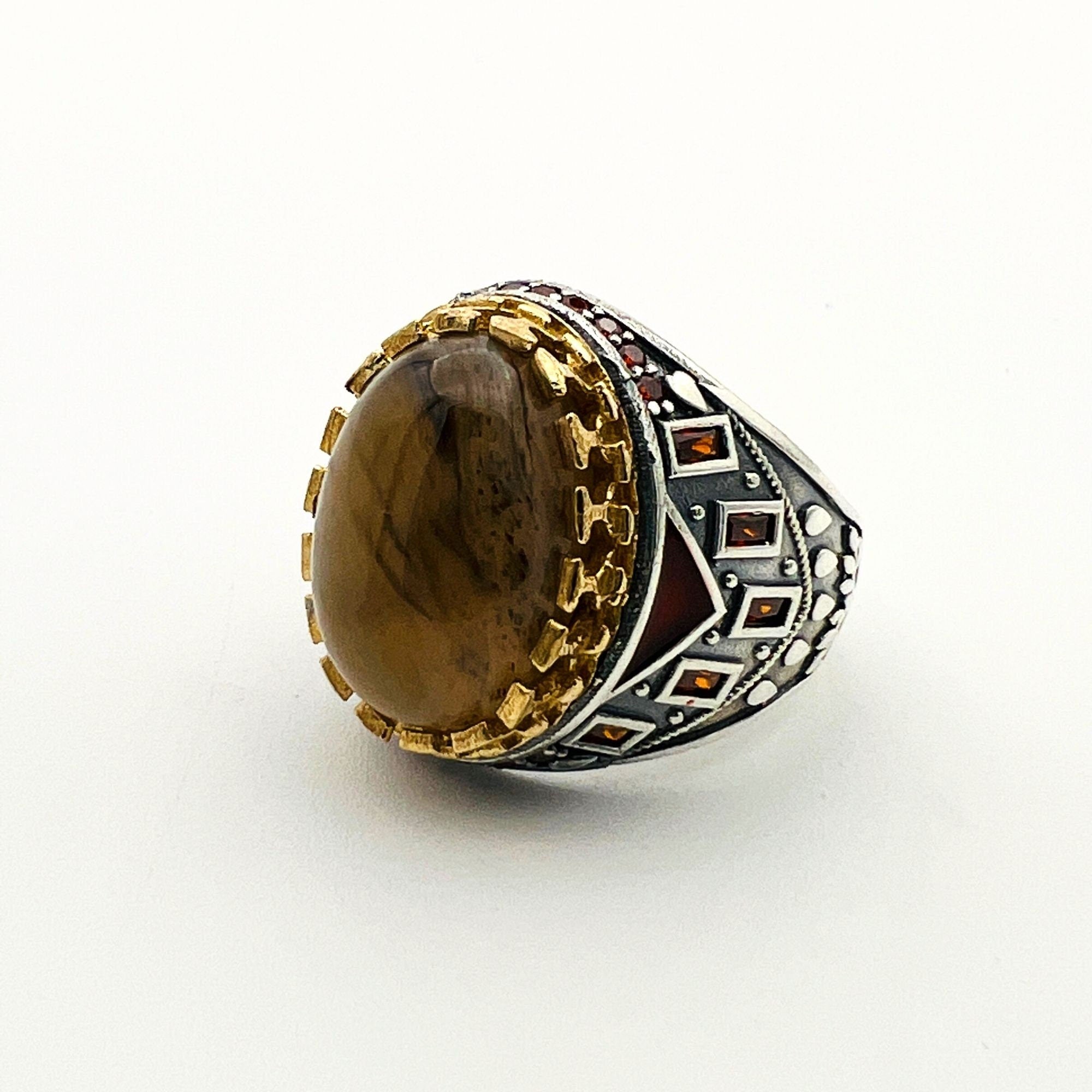 خاتم فضة إسترليني 925 على الطراز العثماني للرجال مع حجر العقيق البني | مجوهرات تركية مصنوعة يدوياً