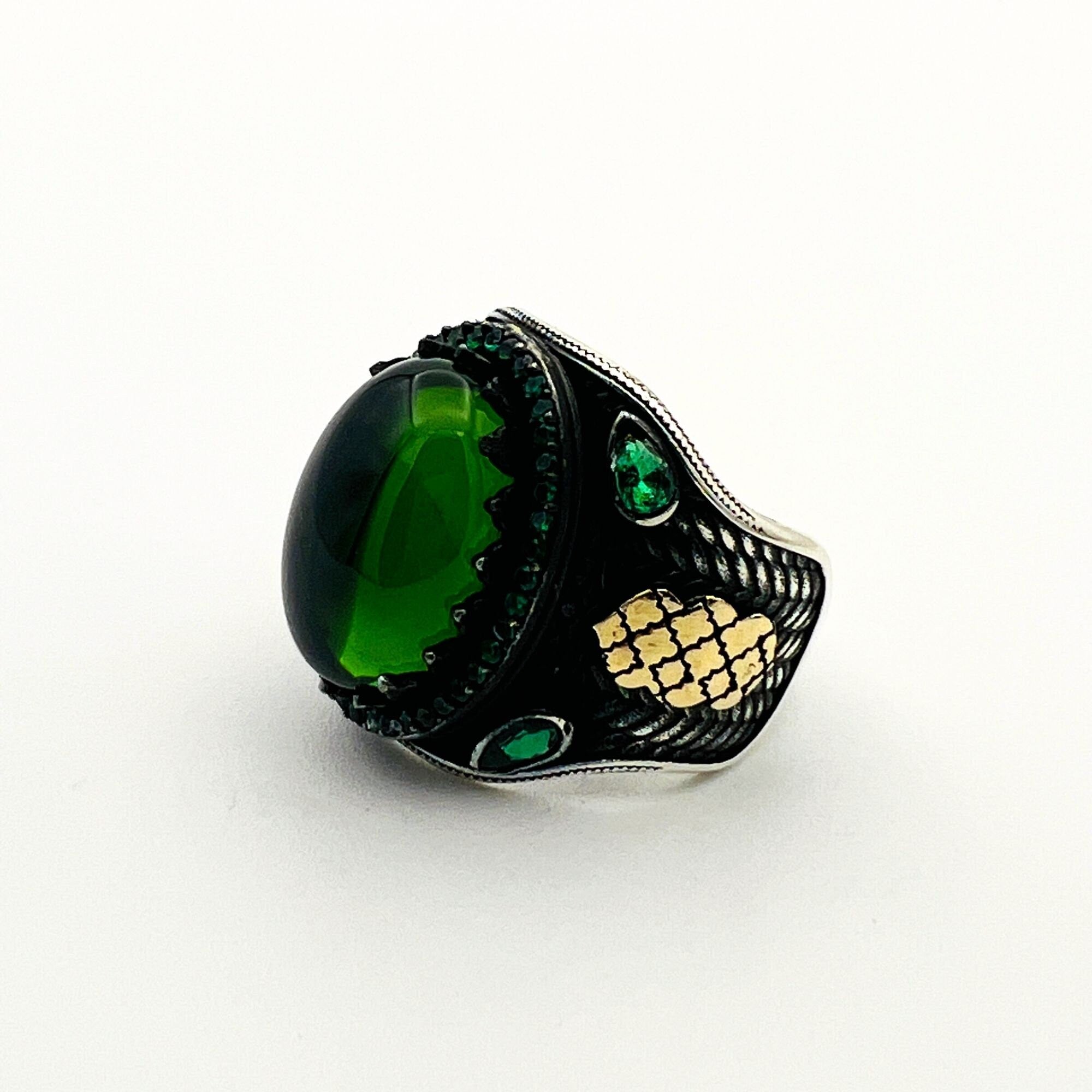 Men's Exquisite Green Agate 925 Sterling Silver Ottoman Style Turkish Handmade Ring