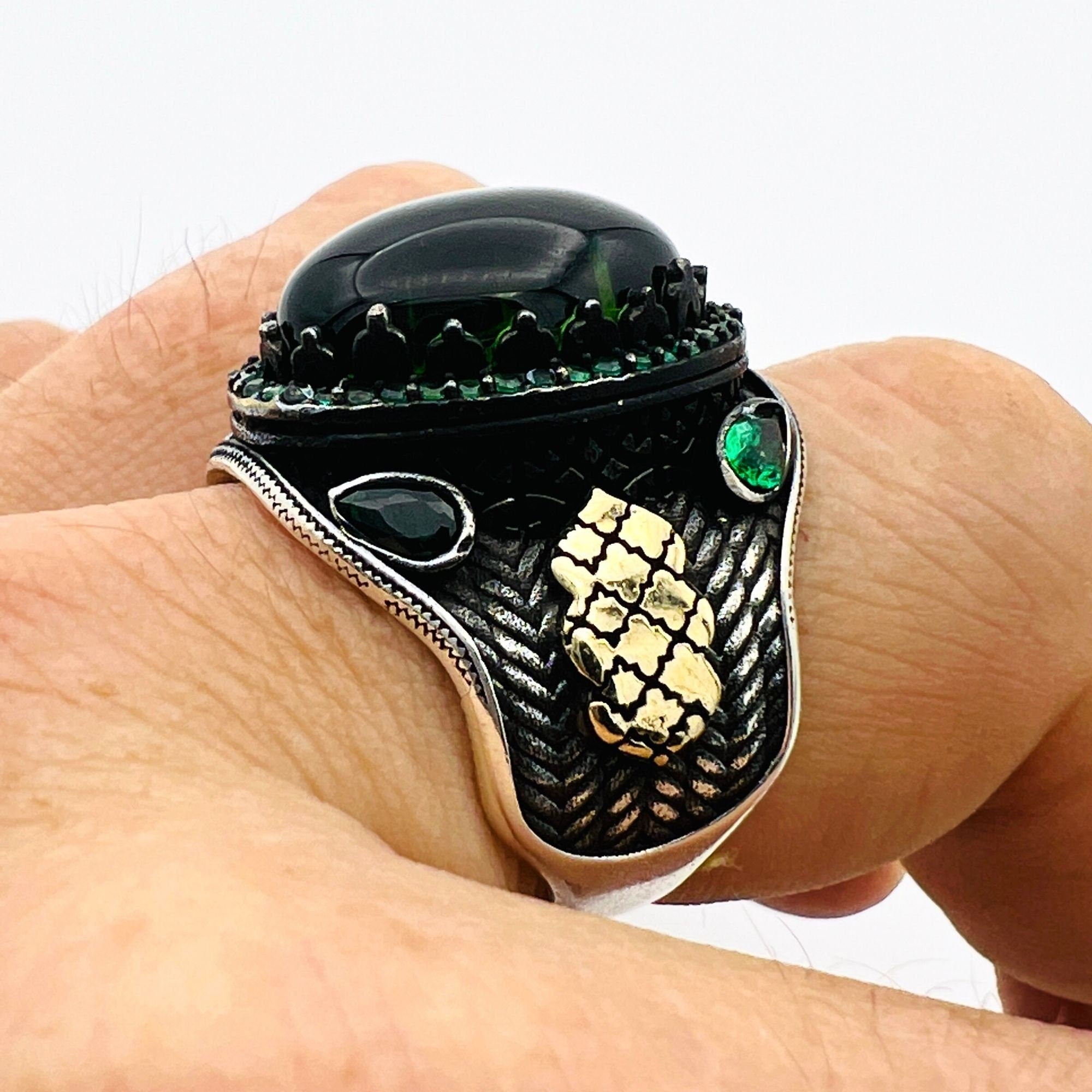 Men's Exquisite Green Agate 925 Sterling Silver Ottoman Style Turkish Handmade Ring