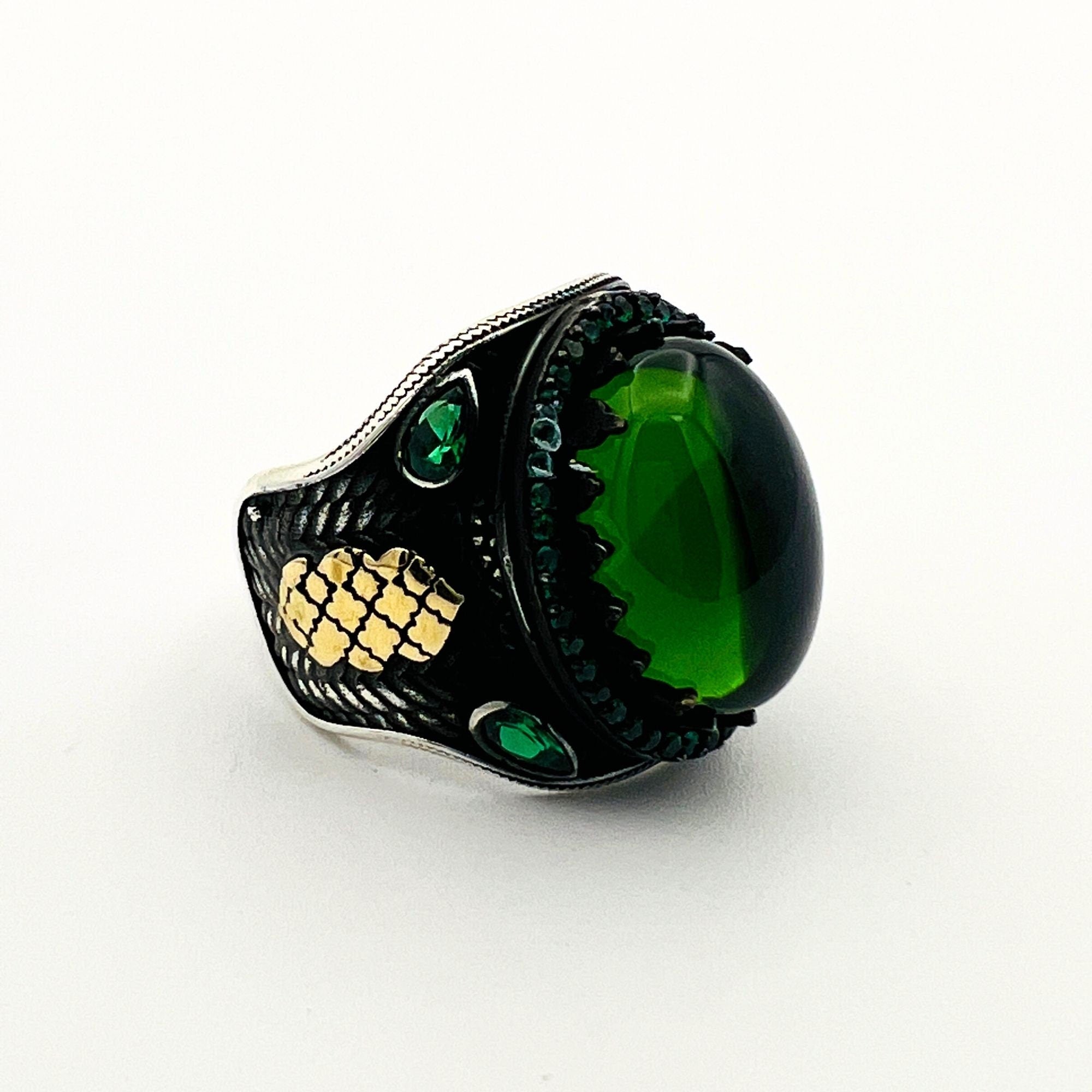 Men's Exquisite Green Agate 925 Sterling Silver Ottoman Style Turkish Handmade Ring