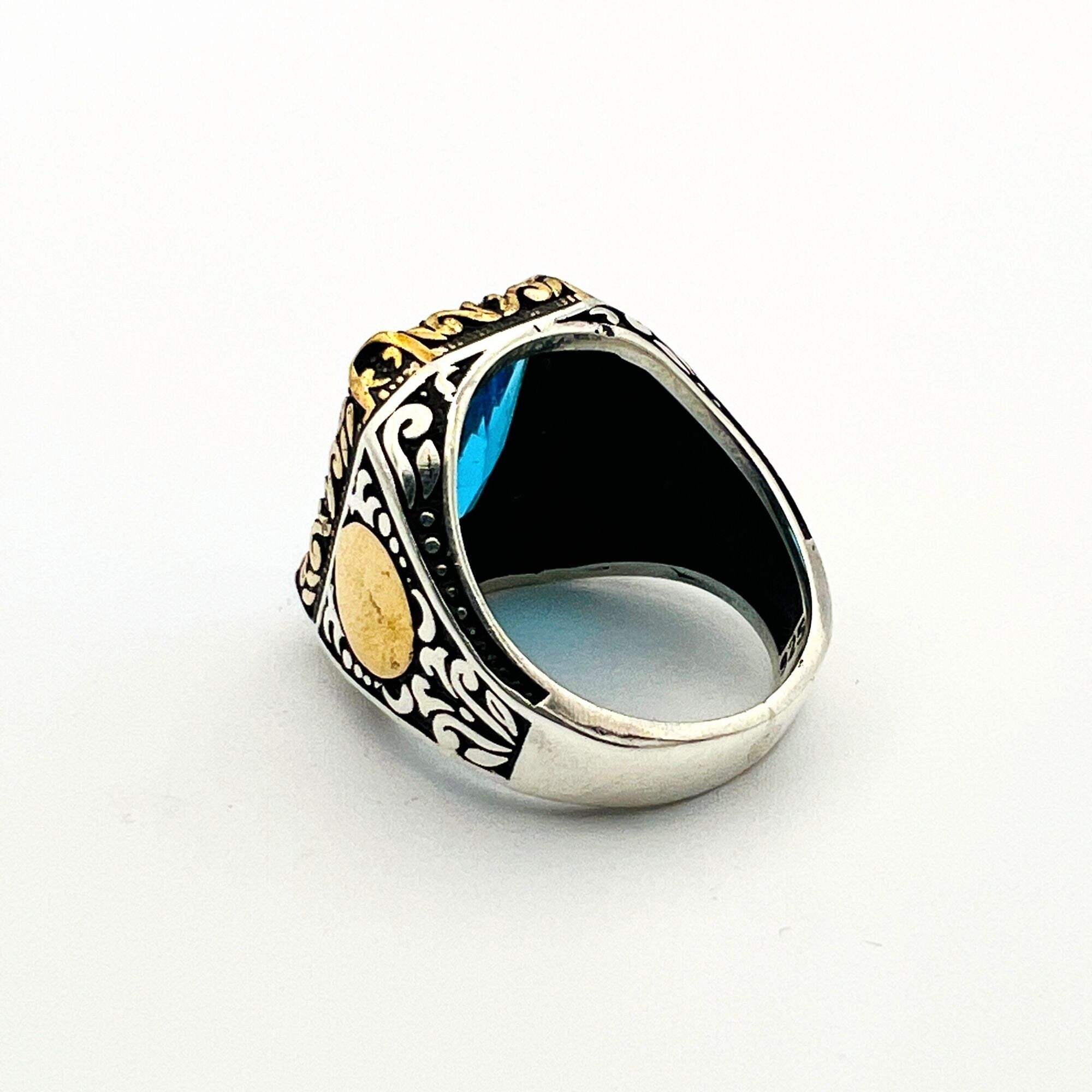 Turkish Handmade Men's Aquamarine 925 Sterling Silver Ring - Ottoman Style Gift for Him