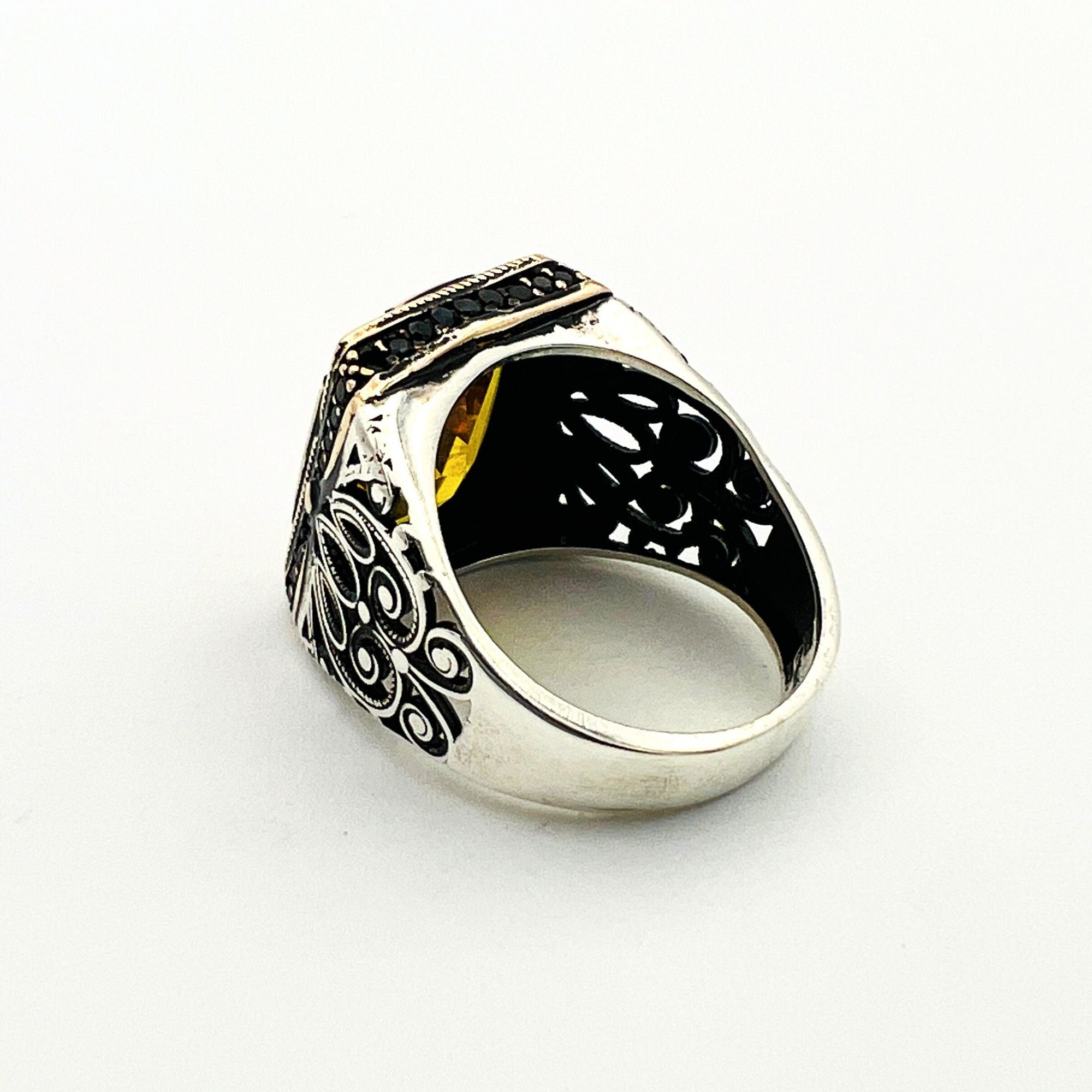 Turkish Handmade Men's Yellow Citrine 925 Sterling Silver Ring | Ottoman Style Statement Piece