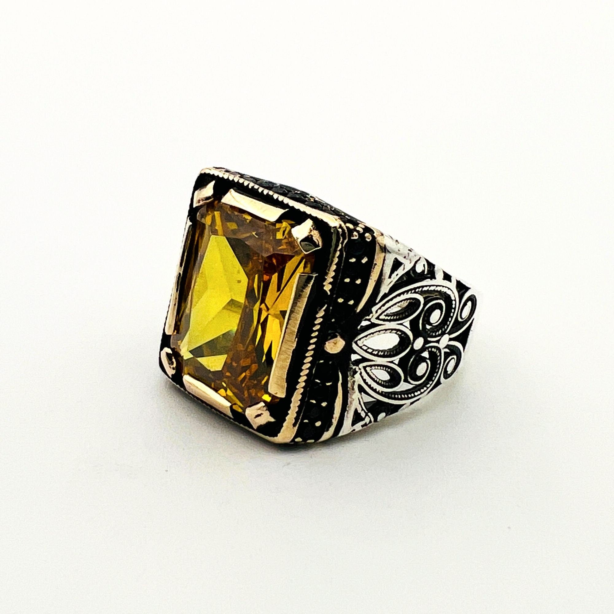 Turkish Handmade Men's Yellow Citrine 925 Sterling Silver Ring | Ottoman Style Statement Piece