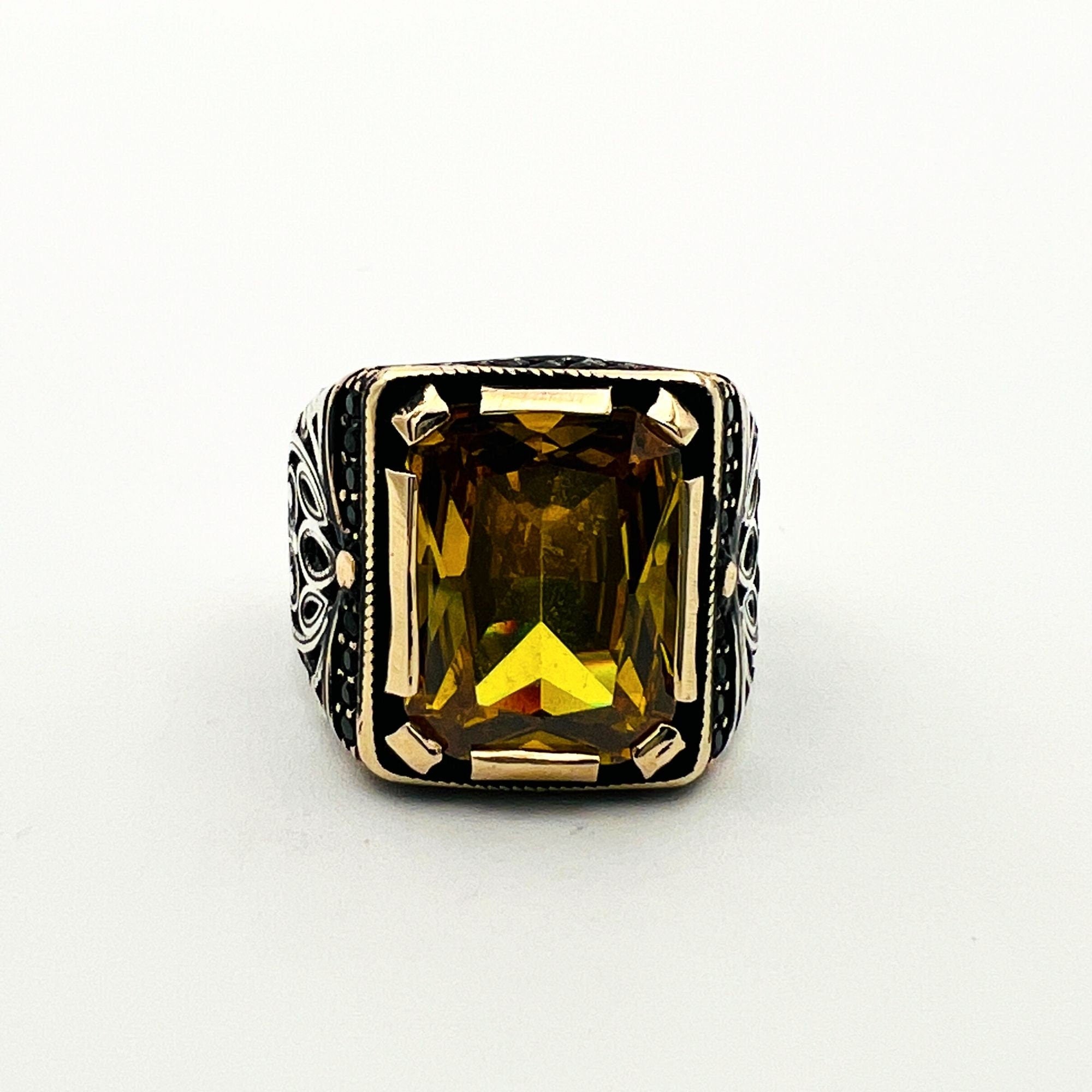 Turkish Handmade Men's Yellow Citrine 925 Sterling Silver Ring | Ottoman Style Statement Piece