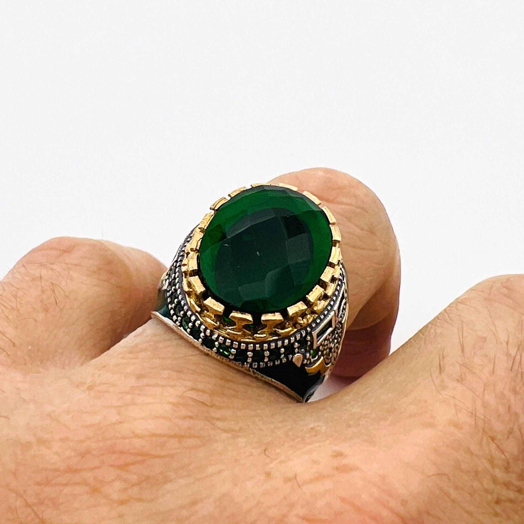 Men's Ottoman Green Emerald Sterling Silver Ring - Authentic Turkish Handmade Jewelry