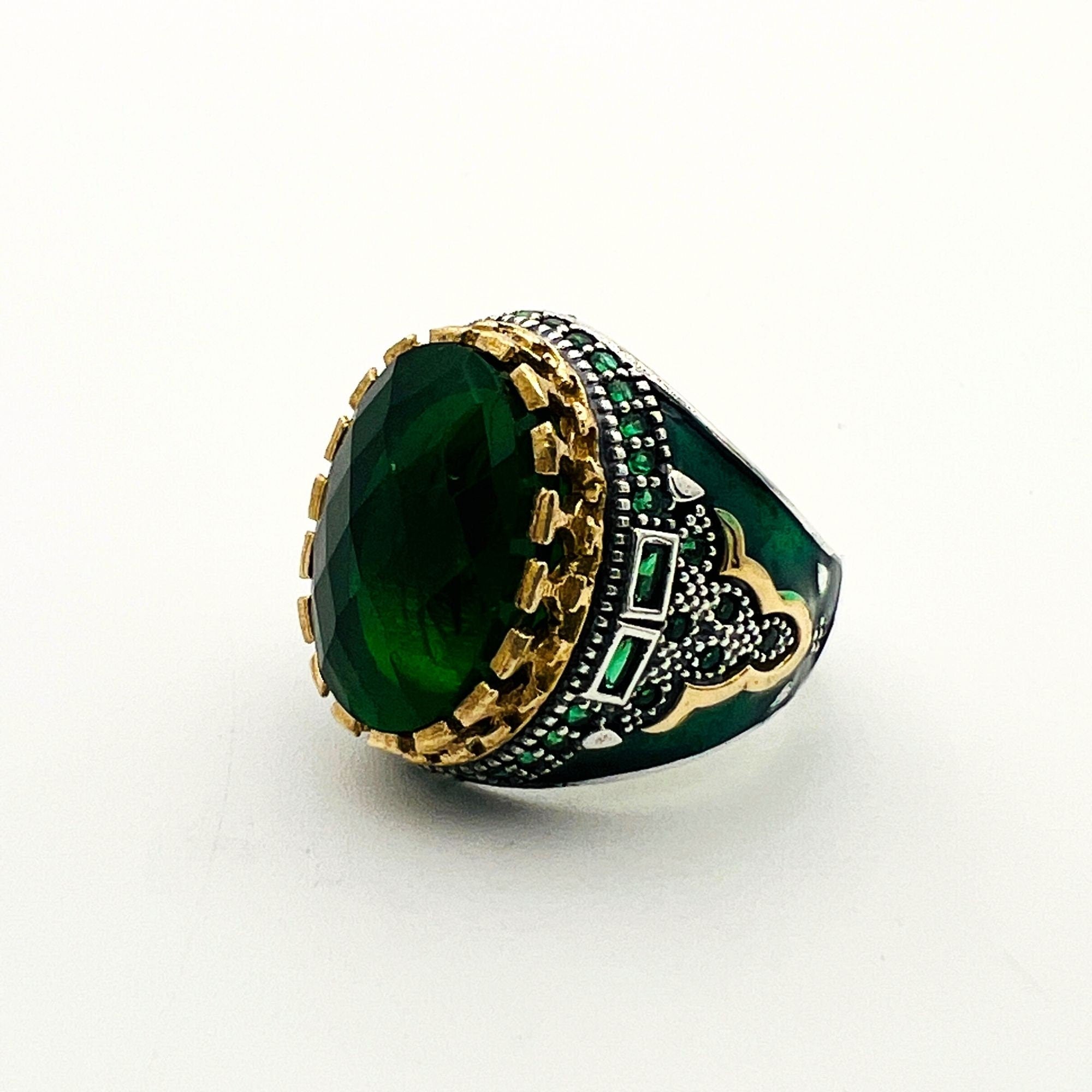 Men's Ottoman Green Emerald Sterling Silver Ring - Authentic Turkish Handmade Jewelry