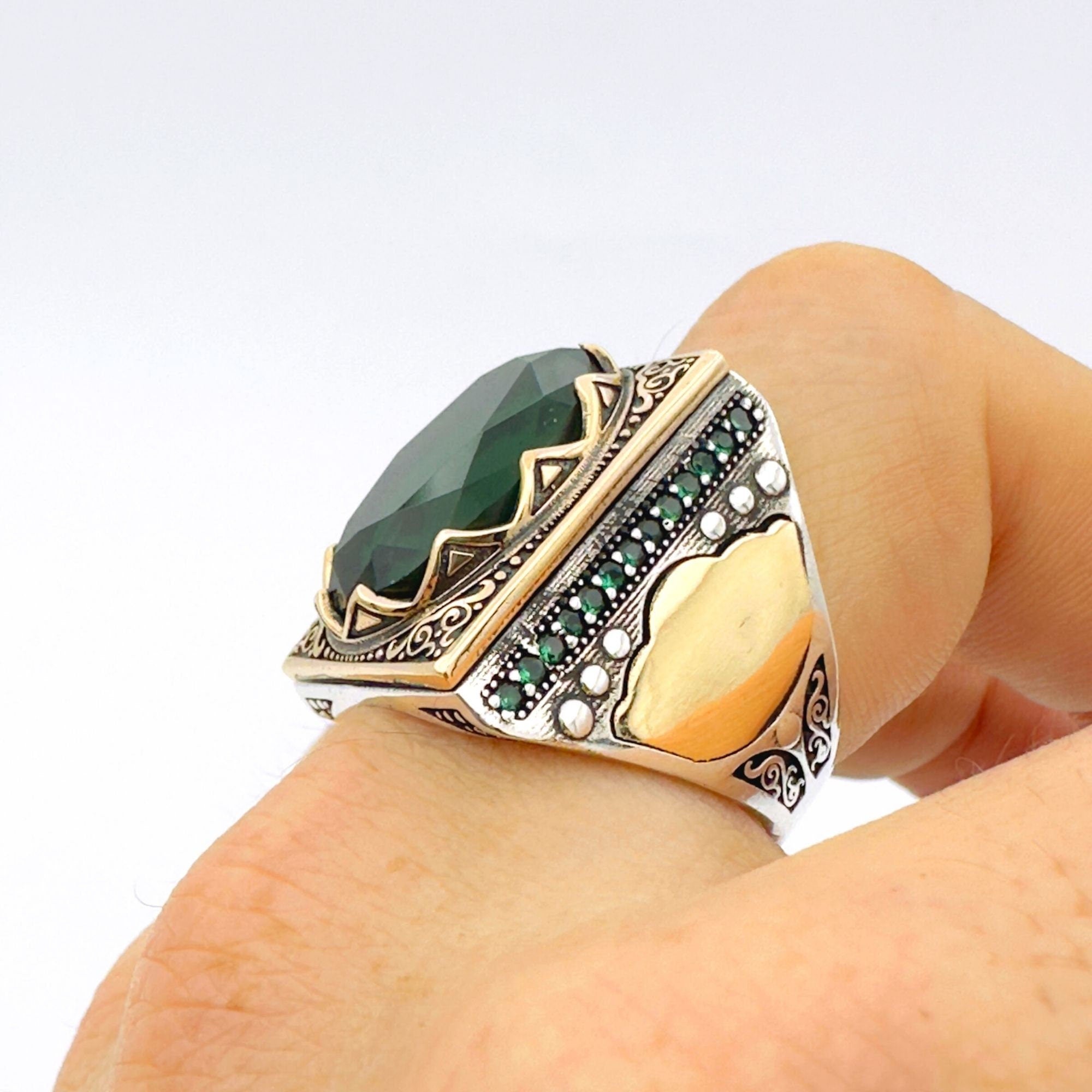 Men's Handcrafted Turkish 925 Sterling Silver Green Emerald Ring | Unique Artisan Gift for Him