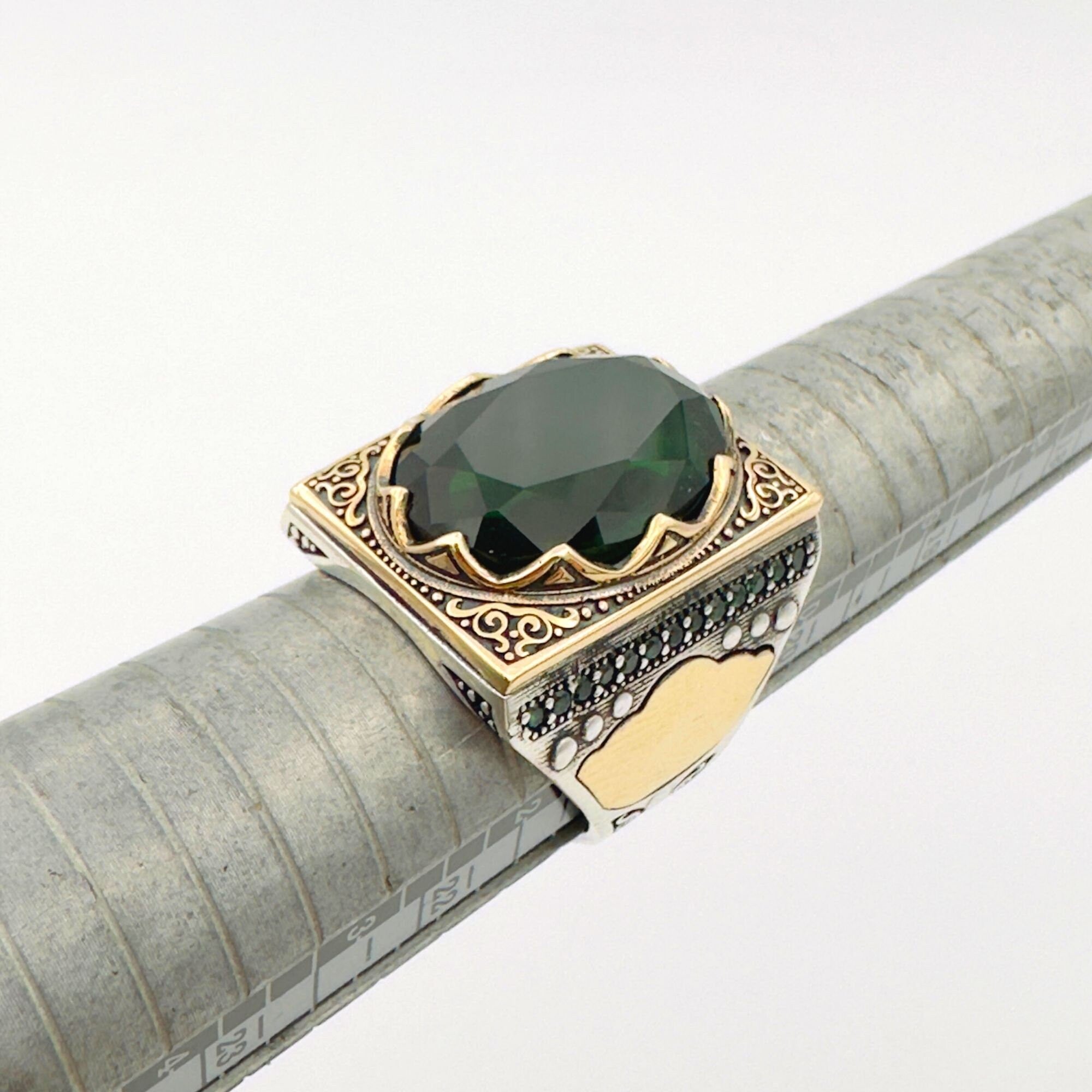 Men's Handcrafted Turkish 925 Sterling Silver Green Emerald Ring | Unique Artisan Gift for Him