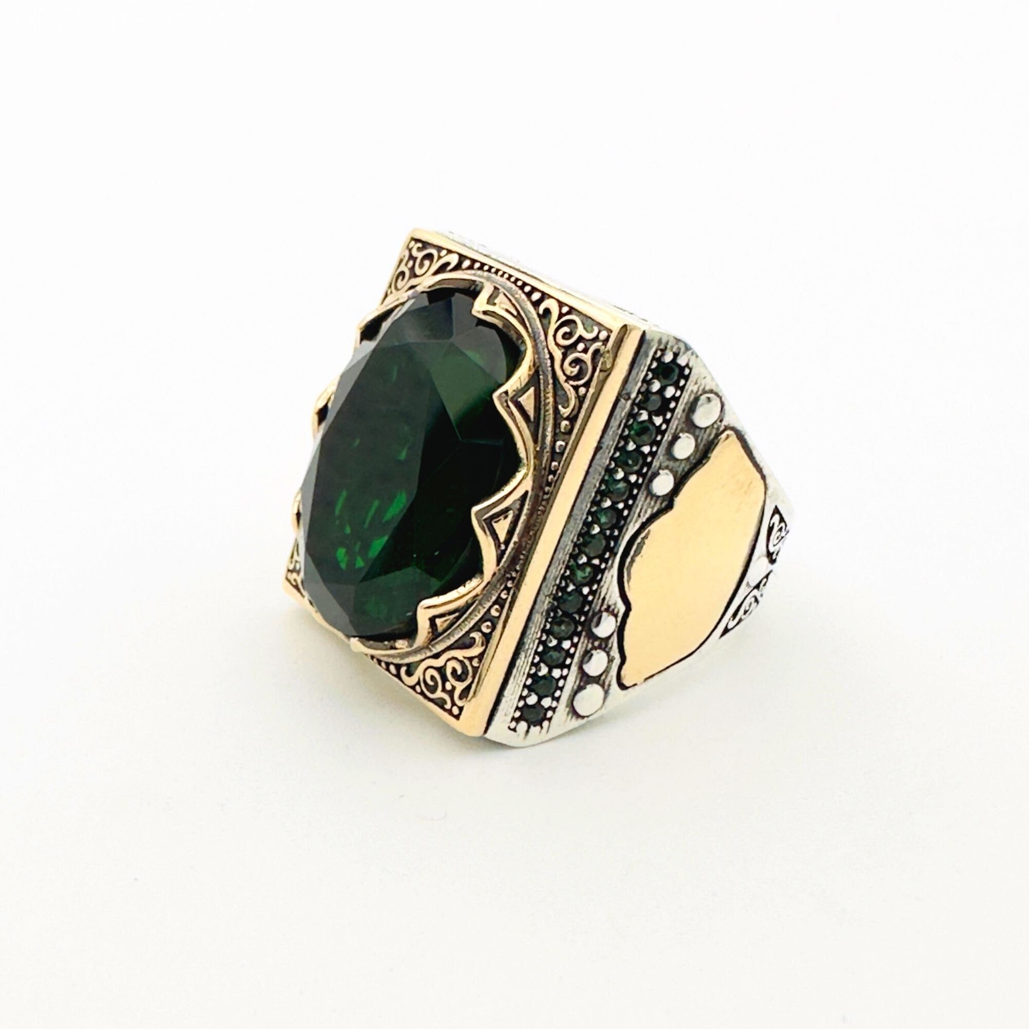 Men's Handcrafted Turkish 925 Sterling Silver Green Emerald Ring | Unique Artisan Gift for Him