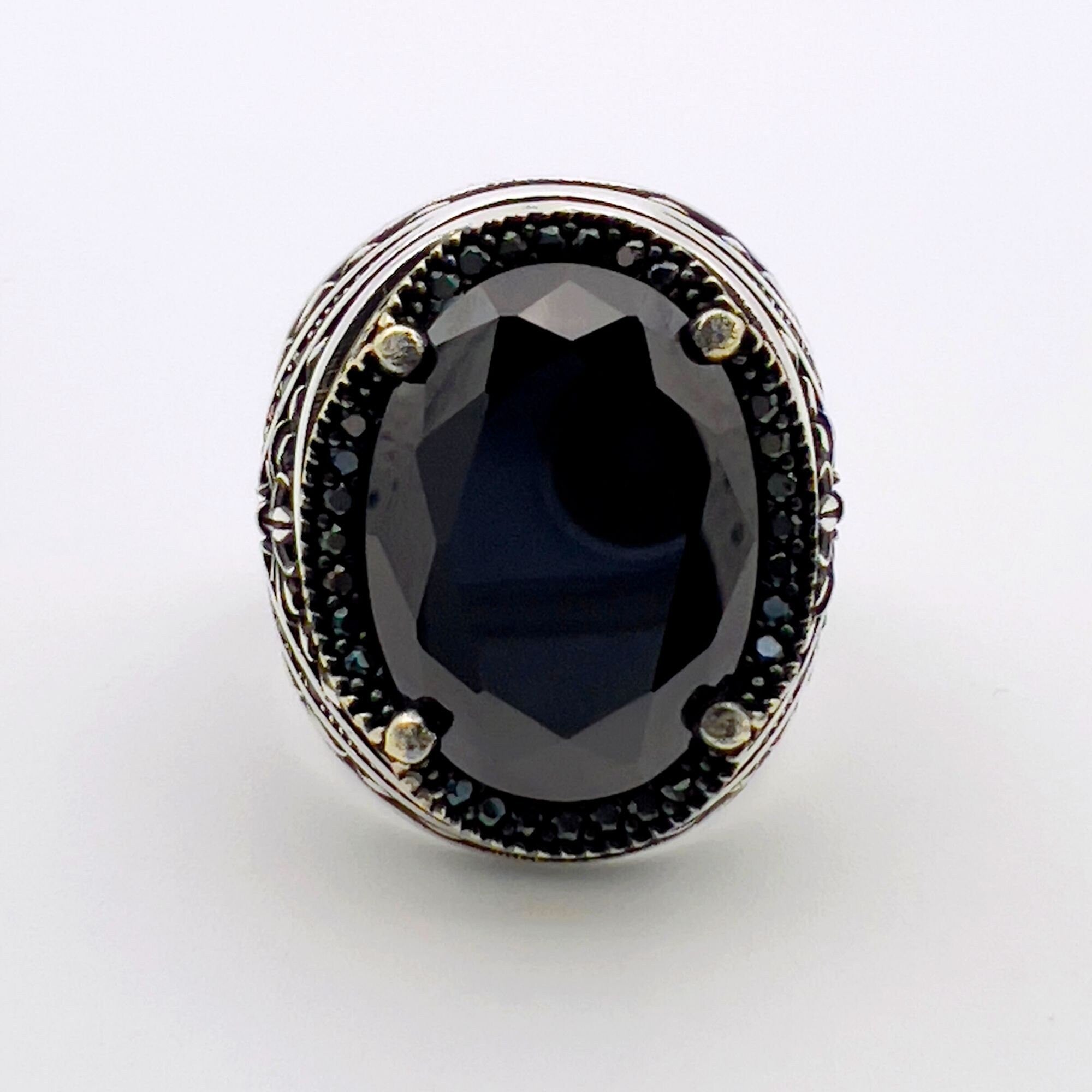 Handmade Turkish Men's 925 Sterling Silver Ring | Vibrant Green Emerald Statement Jewelry