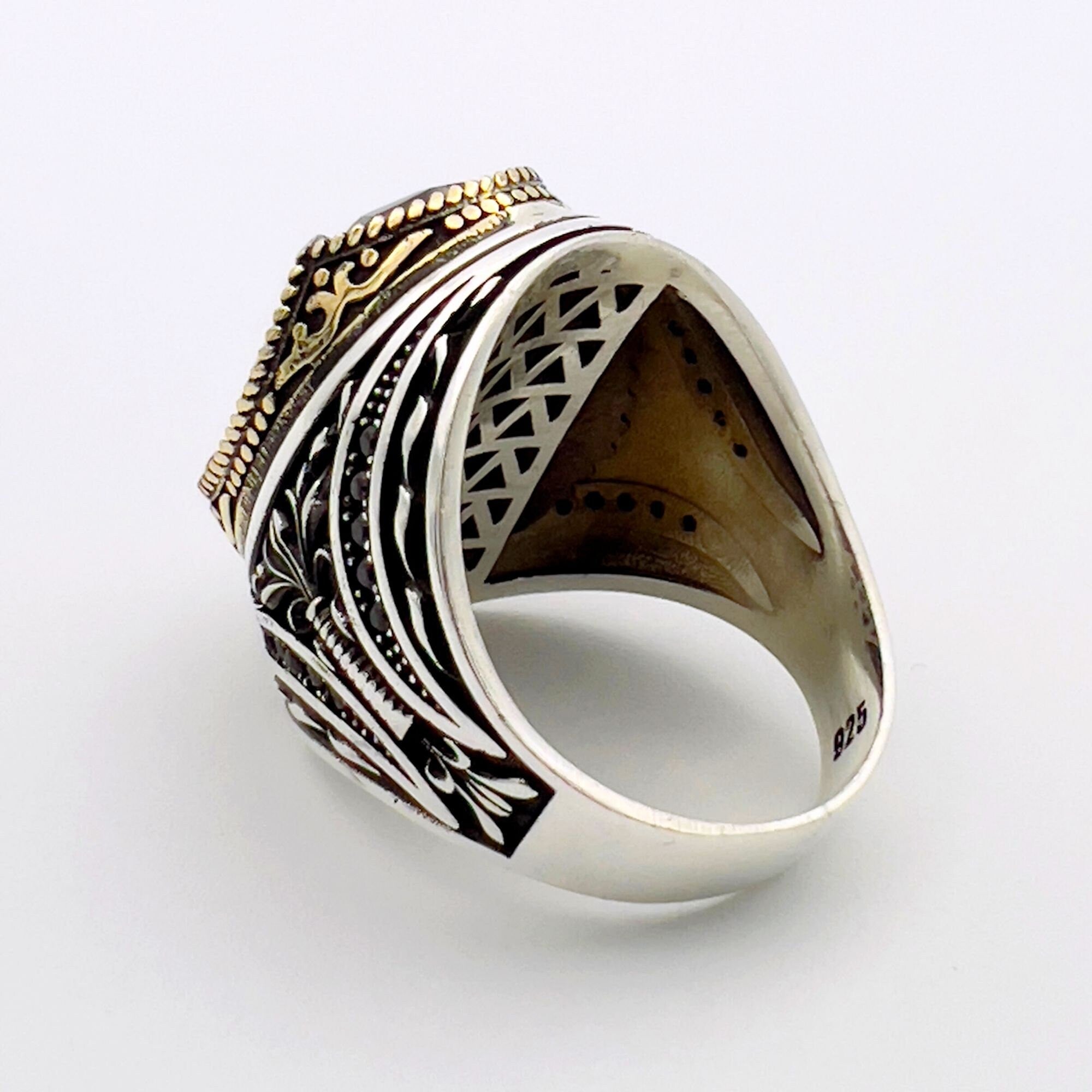 Handmade Turkish Men's 925 Sterling Silver Ring | Vibrant Green Emerald Statement Jewelry