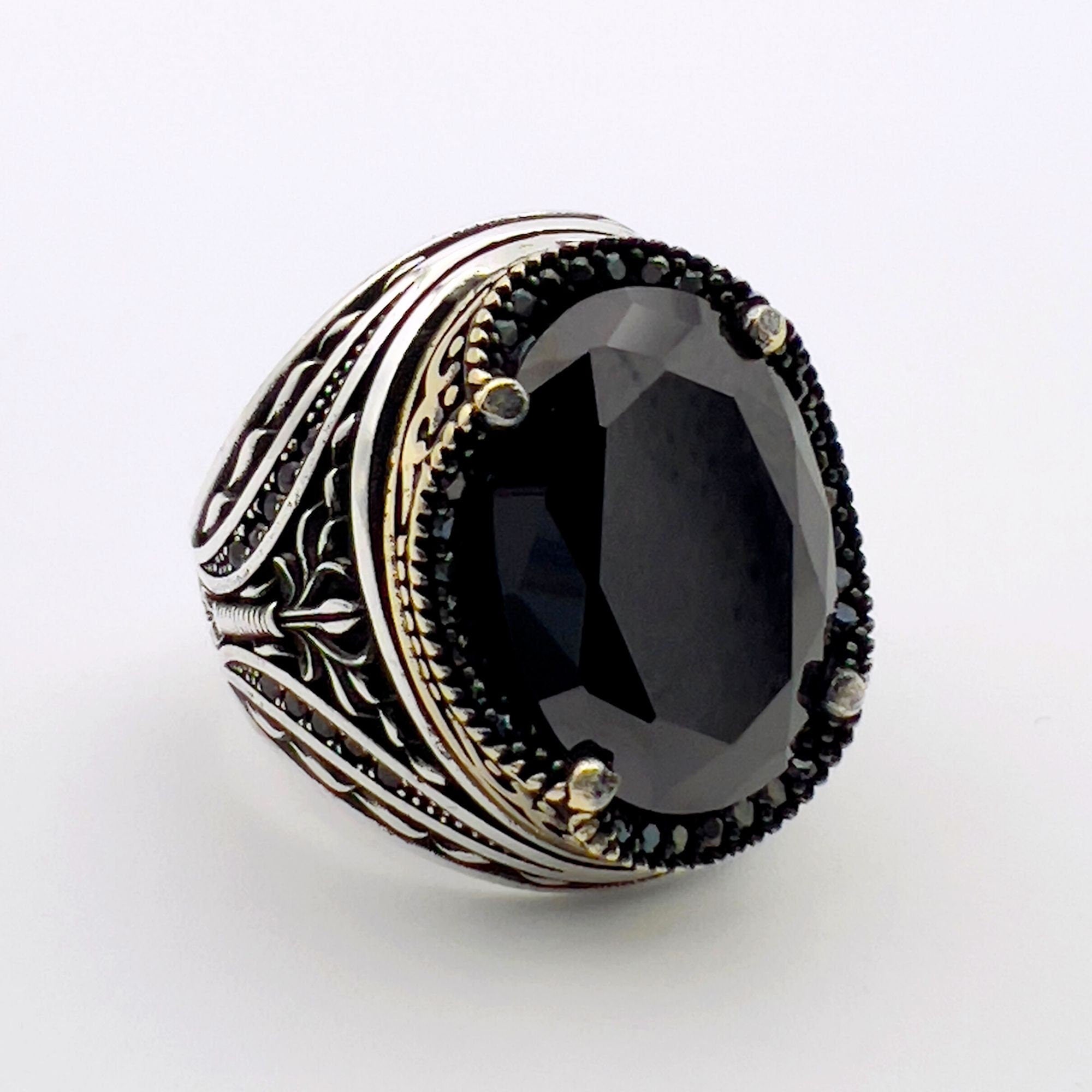 Handmade Turkish Men's 925 Sterling Silver Ring | Vibrant Green Emerald Statement Jewelry