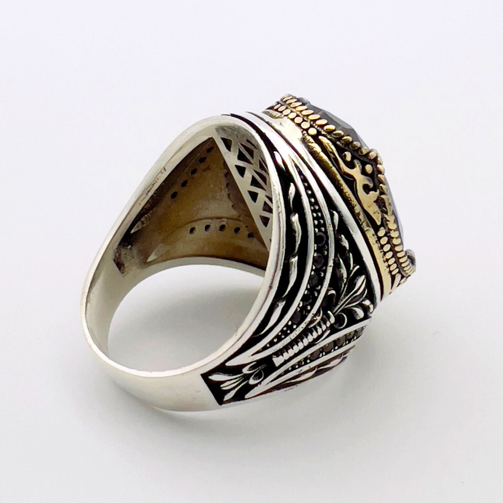 Handmade Turkish Men's 925 Sterling Silver Ring | Vibrant Green Emerald Statement Jewelry