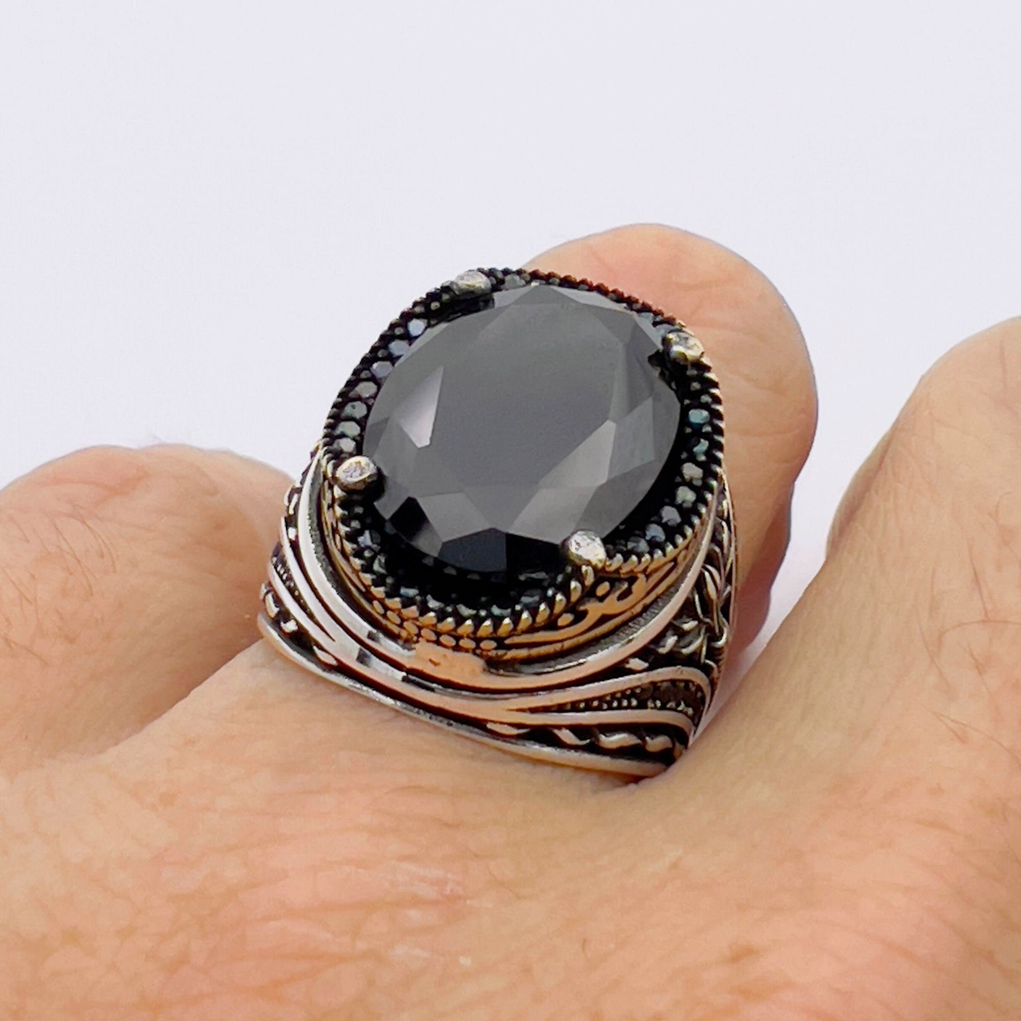 Handmade Turkish Men's 925 Sterling Silver Ring | Vibrant Green Emerald Statement Jewelry