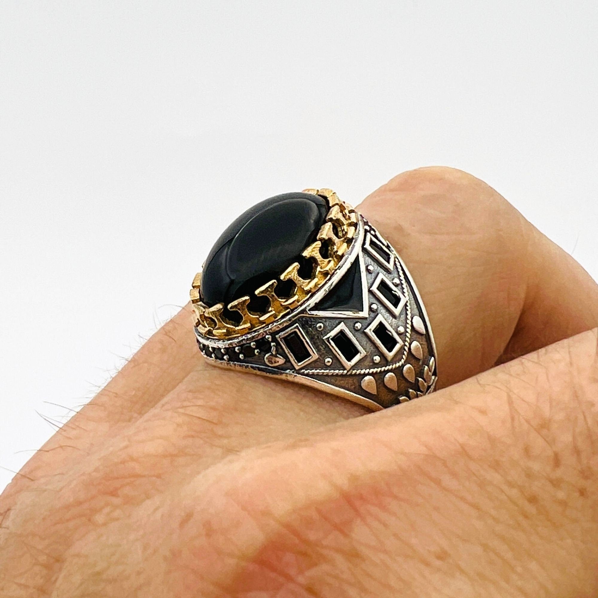 Handcrafted Ottoman Style Men's Oval Black Onyx 925 Sterling Silver Ring