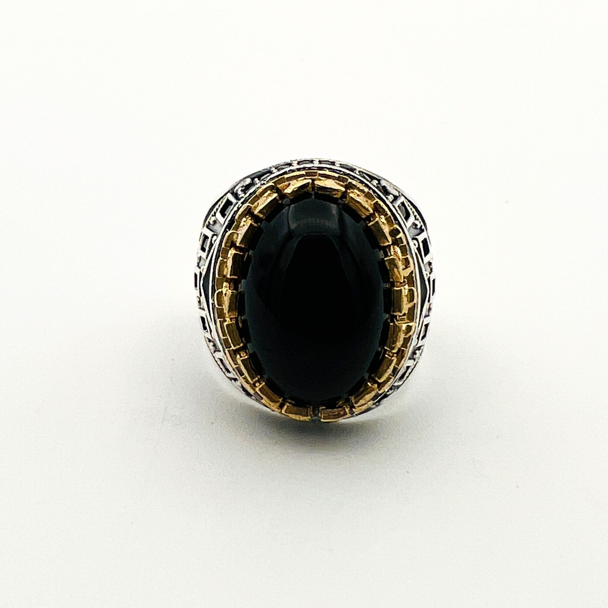 Handcrafted Ottoman Style Men's Oval Black Onyx 925 Sterling Silver Ring