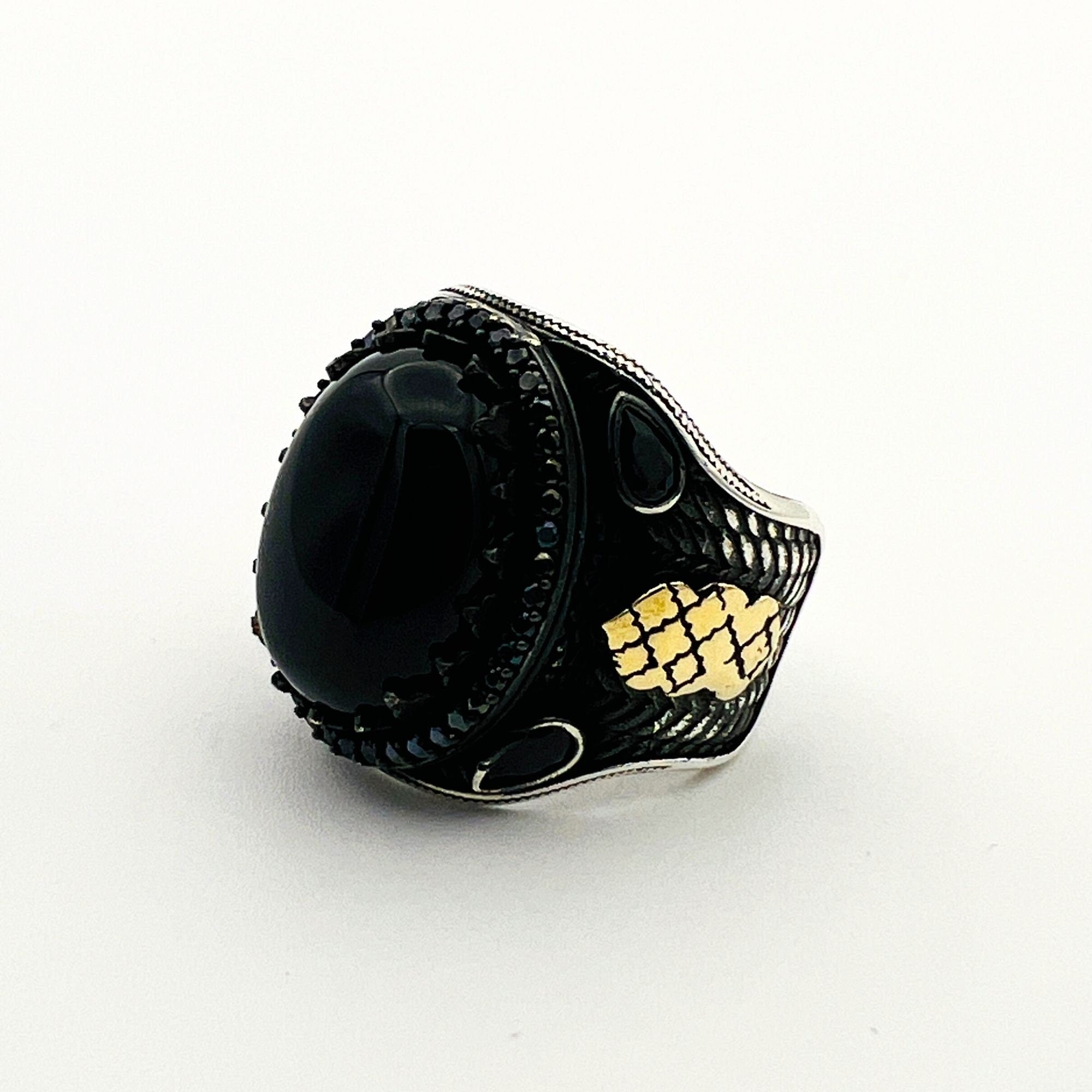 Vintage Ottoman 925 Sterling Silver Men's Black Onyx Gemstone Ring