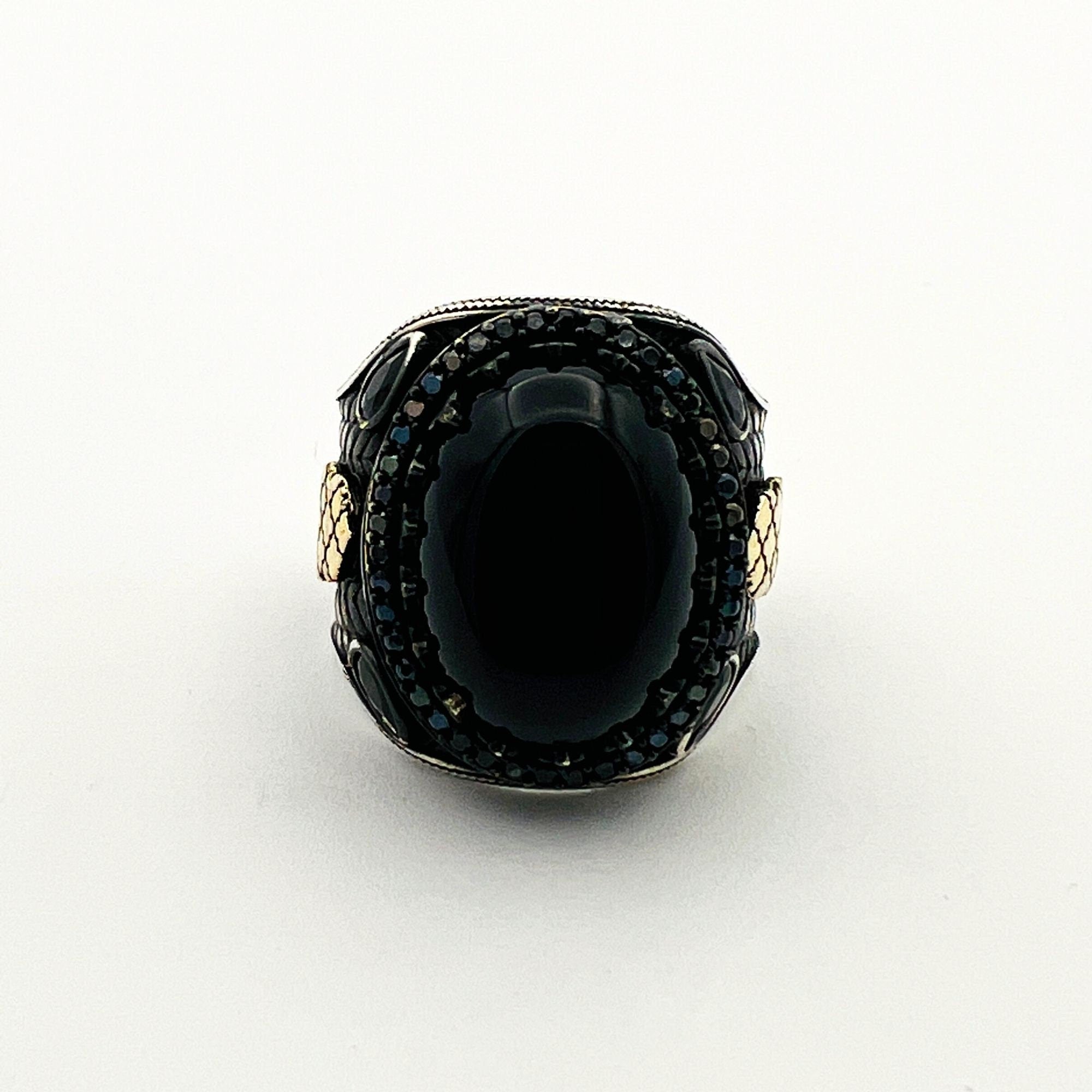 Vintage Ottoman 925 Sterling Silver Men's Black Onyx Gemstone Ring