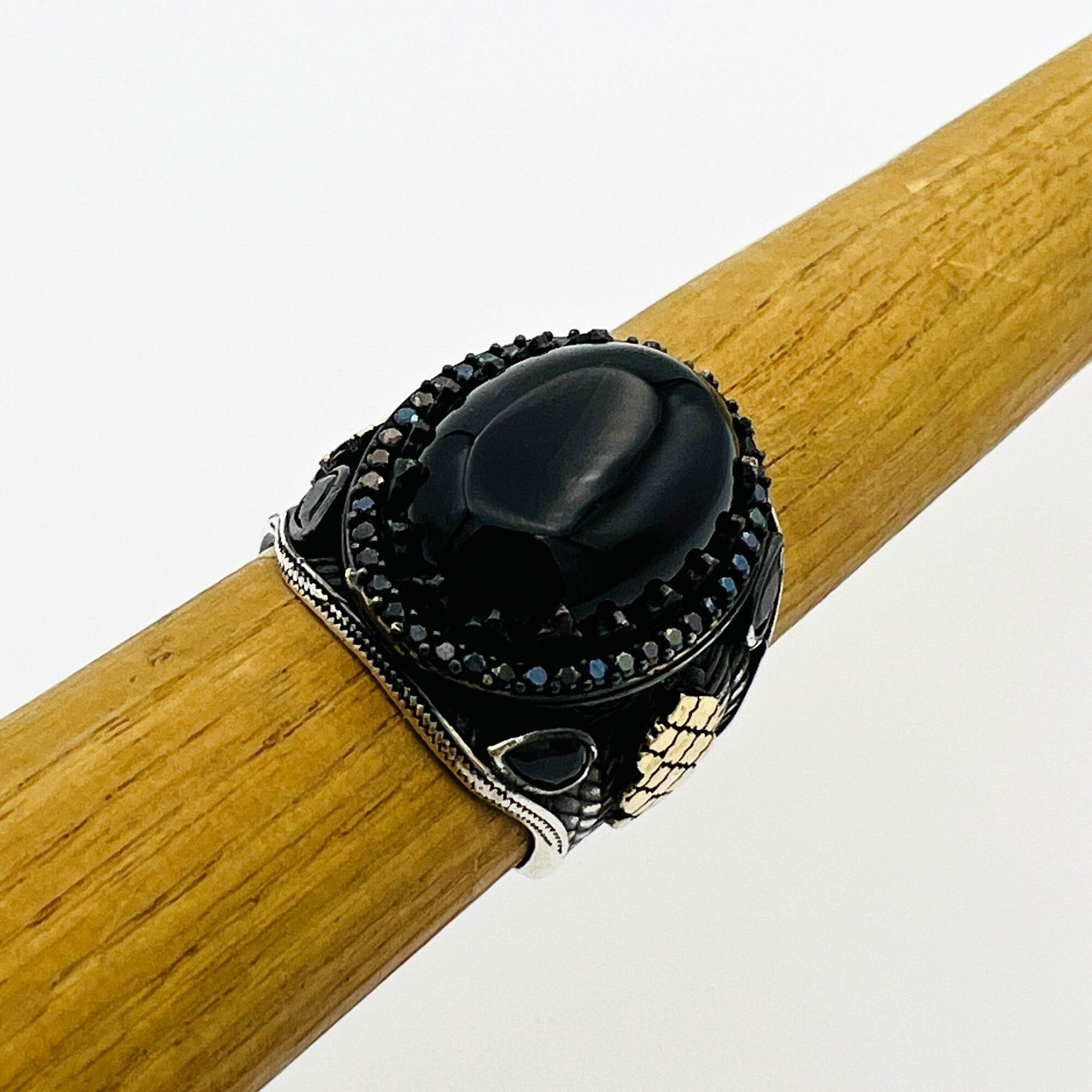 Vintage Ottoman 925 Sterling Silver Men's Black Onyx Gemstone Ring