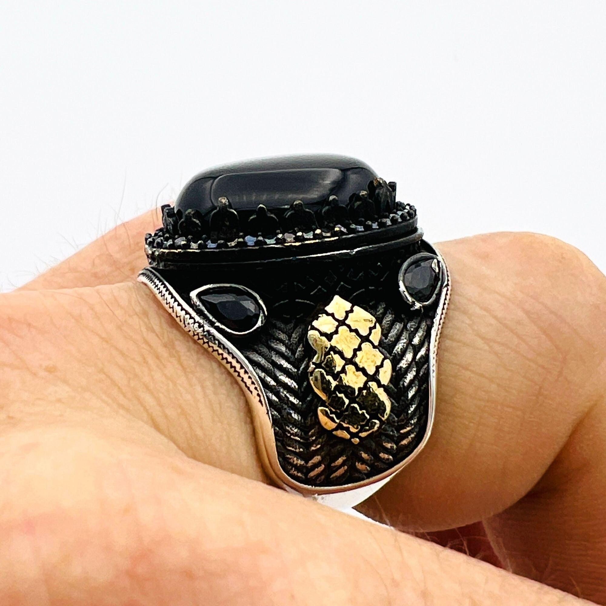 Vintage Ottoman 925 Sterling Silver Men's Black Onyx Gemstone Ring