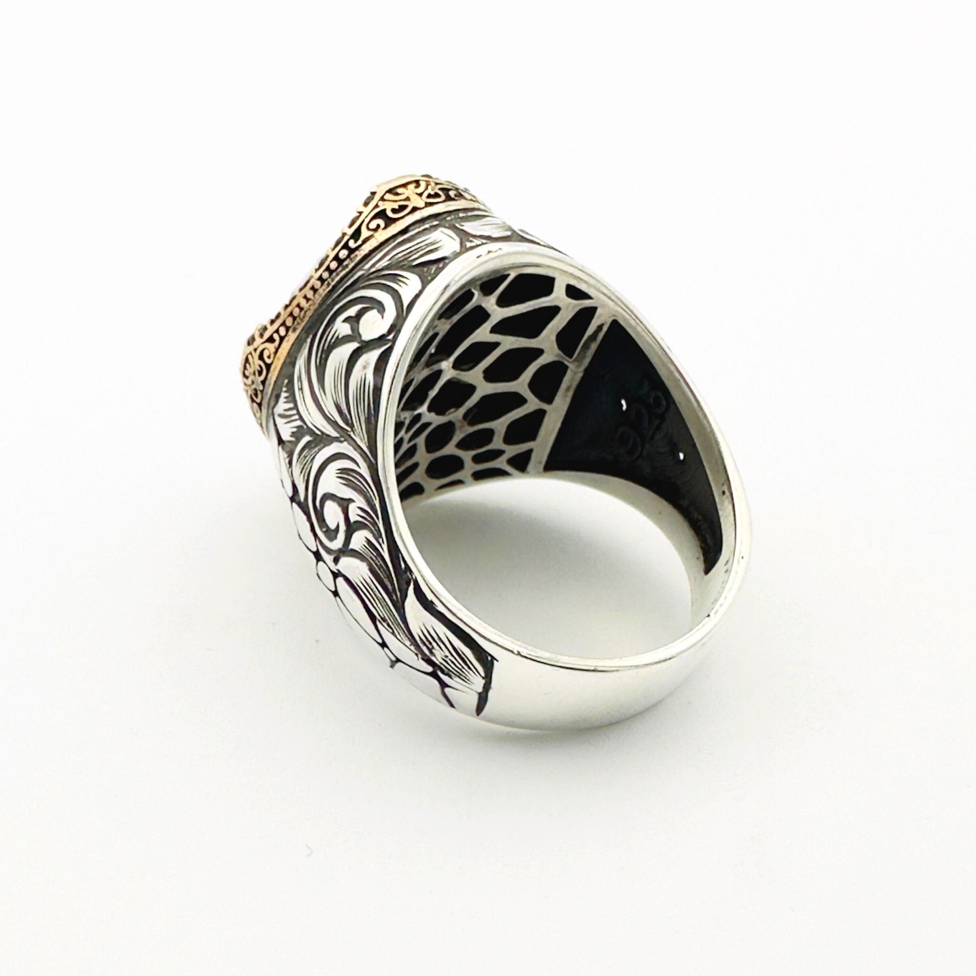 Handcrafted Ottoman Style Men's 925 Sterling Silver Ring with Genuine Oval Black Onyx