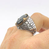 Handcrafted Ottoman Style Men's 925 Sterling Silver Ring with Genuine Oval Black Onyx