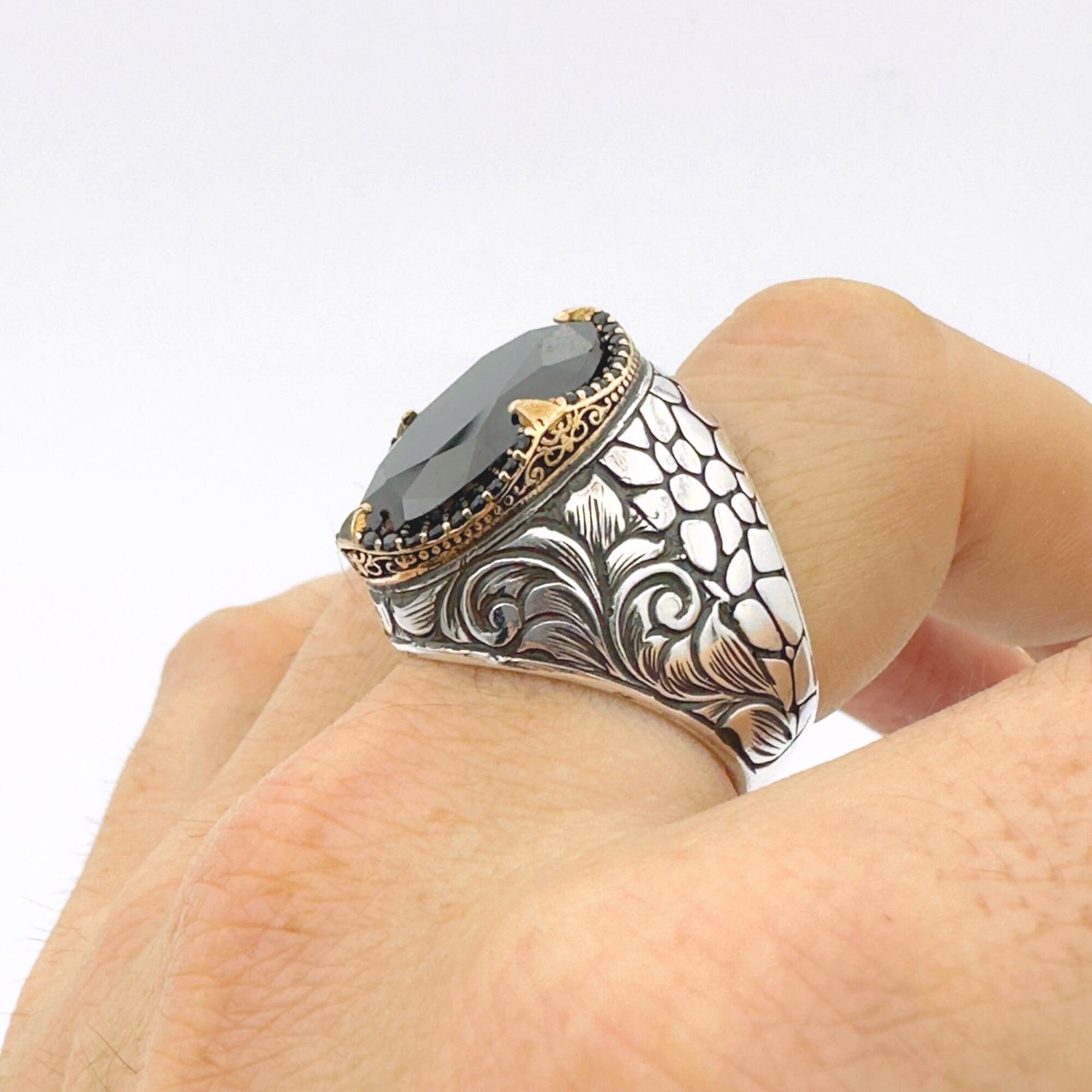Handcrafted Ottoman Style Men's 925 Sterling Silver Ring with Genuine Oval Black Onyx