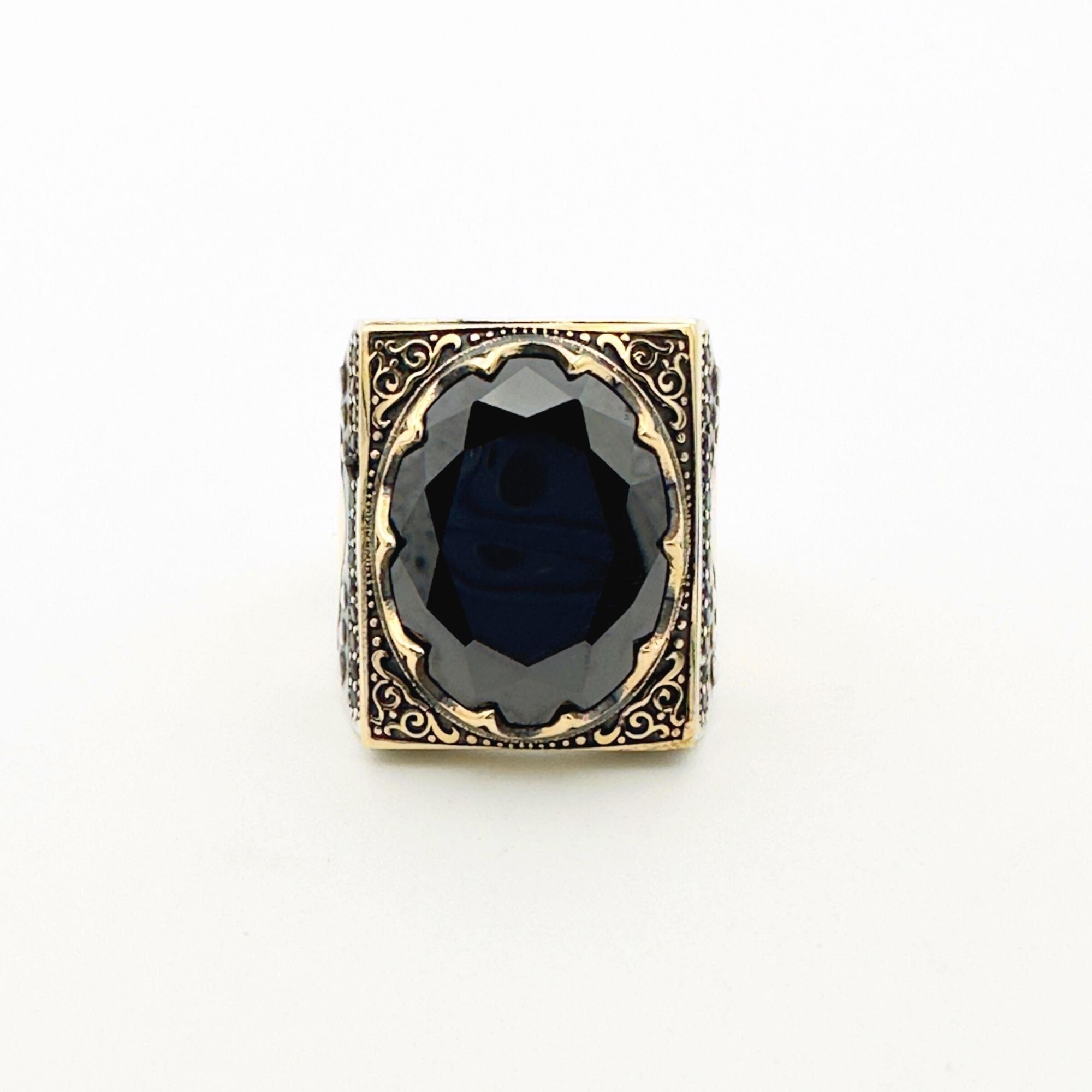 Handcrafted Ottoman Style Men's Oval Black Onyx 925 Sterling Silver Ring | Thoughtful Gift