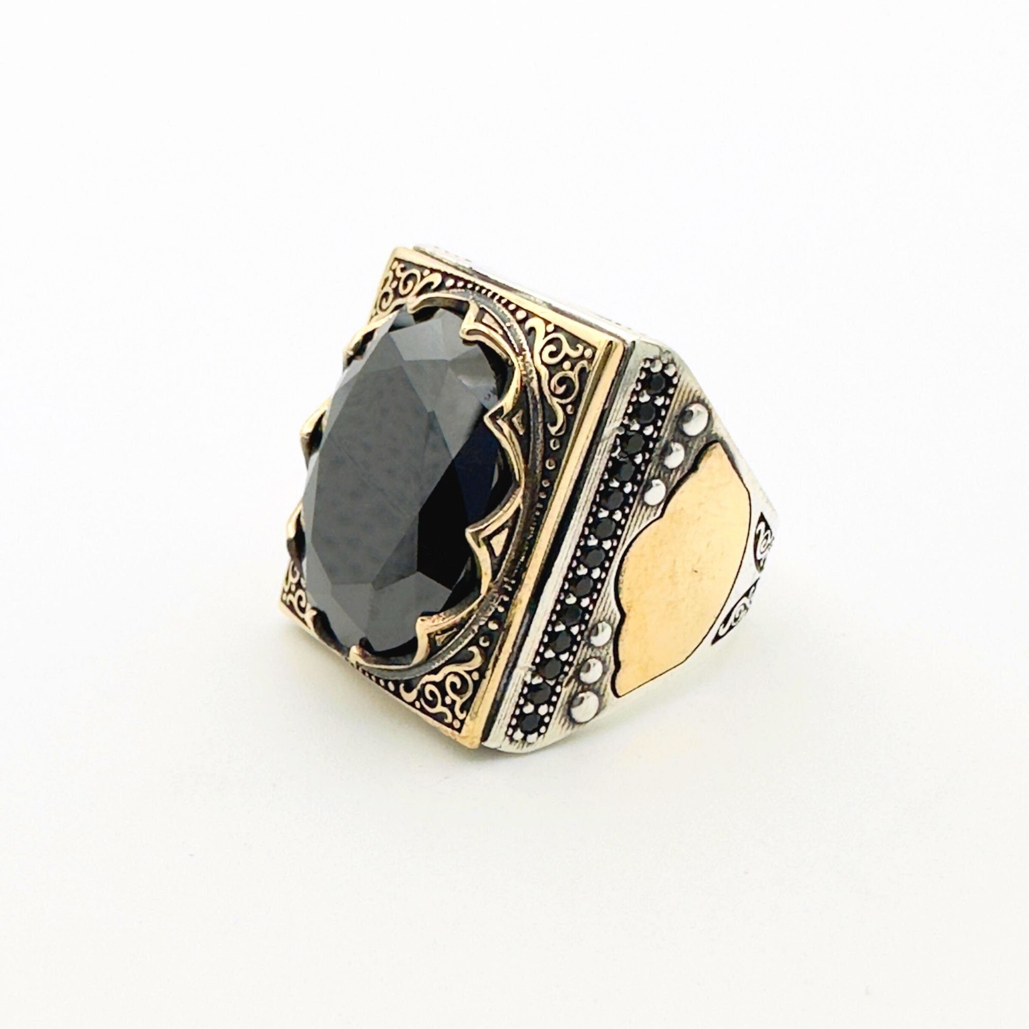 Handcrafted Ottoman Style Men's Oval Black Onyx 925 Sterling Silver Ring | Thoughtful Gift