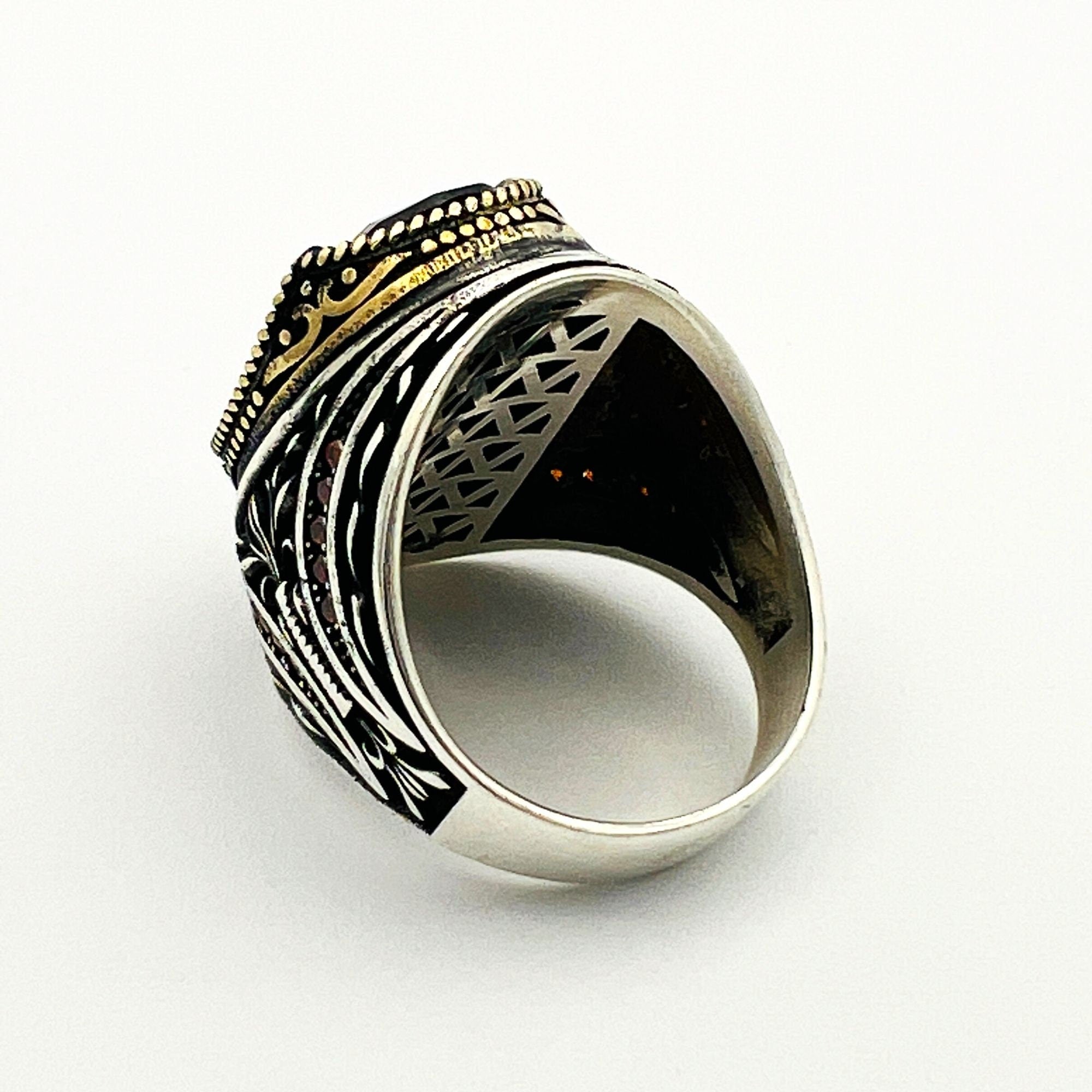 خاتم رجالي من الفضة الإسترلينية 925 على الطراز العثماني مصنوع يدوياً مع حجر الياقوت الغارنيت