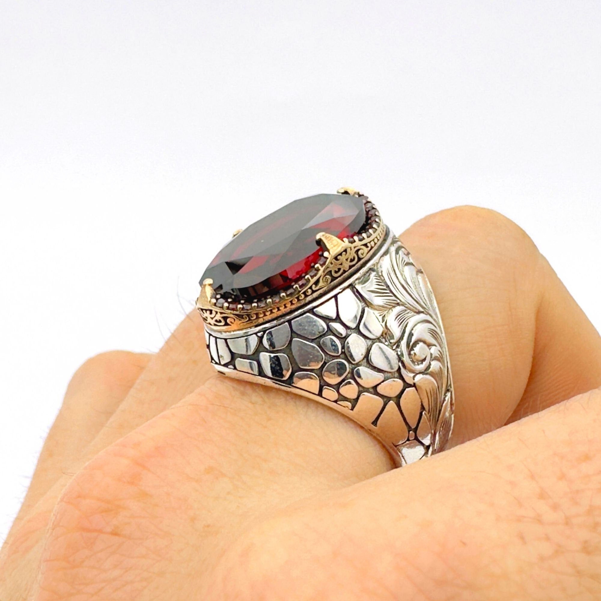 Authentic Turkish Men's Ruby Ring | Handcrafted 925 Sterling Silver Ottoman Jewelry