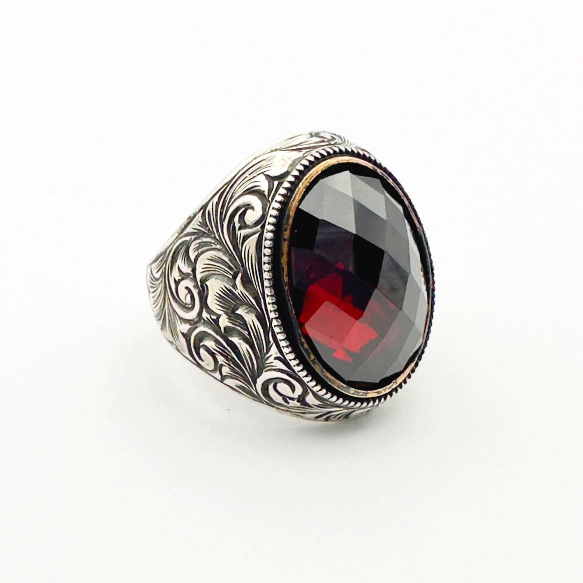 Handmade Men's Ruby Stone Silver Ring