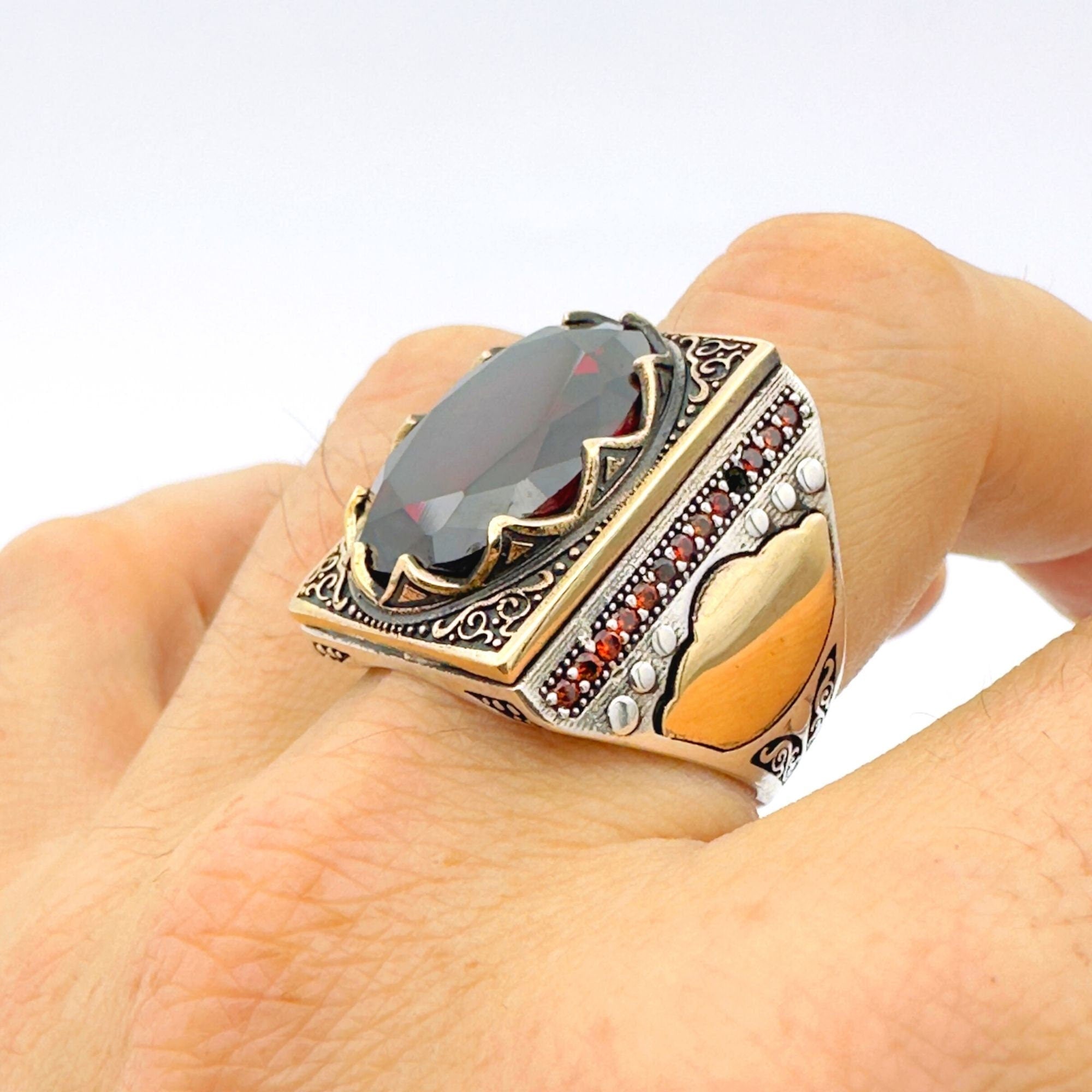 Men's Handmade Ottoman Style Ruby Ring - 925 Sterling Silver Gemstone Gift for Him