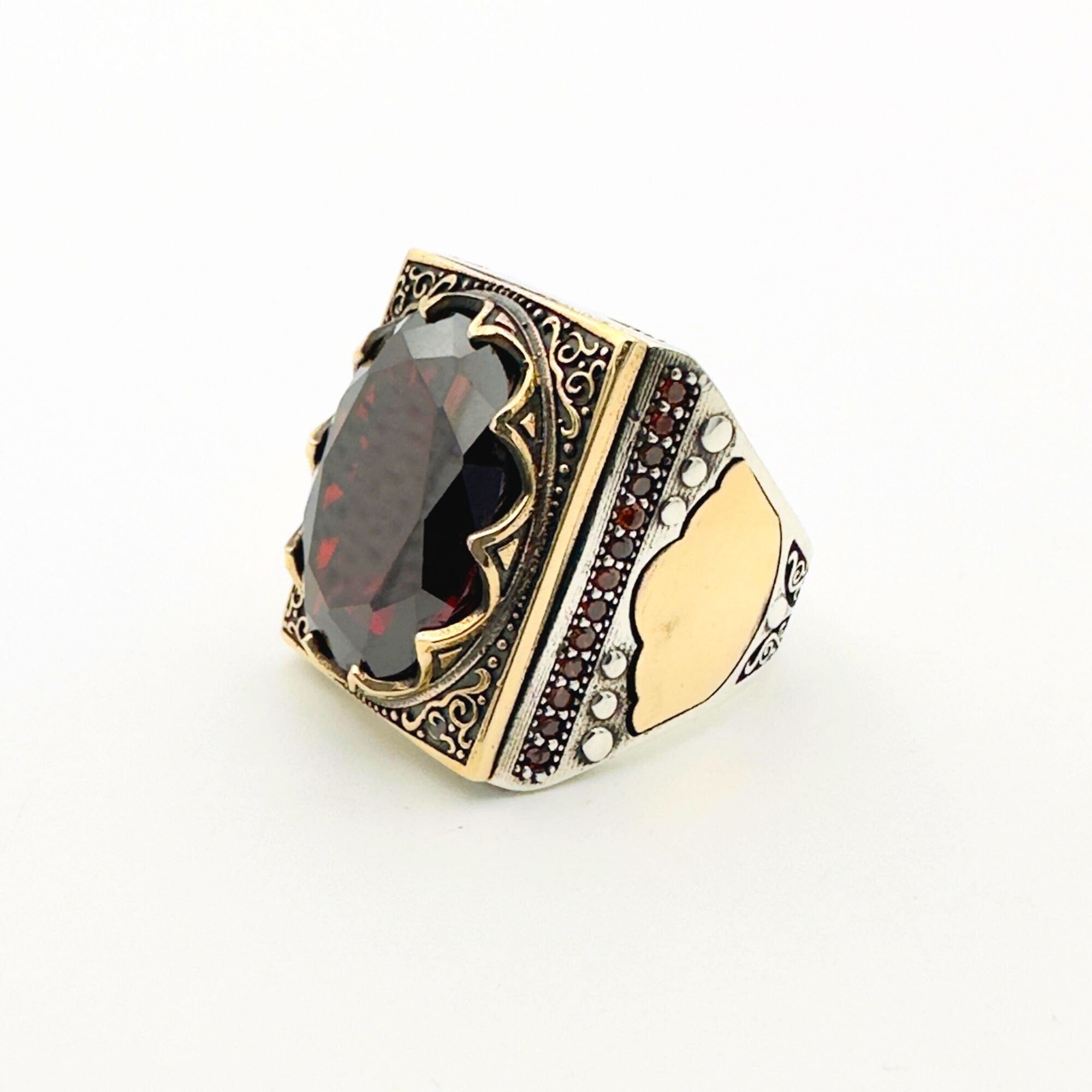 Men's Handmade Ottoman Style Ruby Ring - 925 Sterling Silver Gemstone Gift for Him