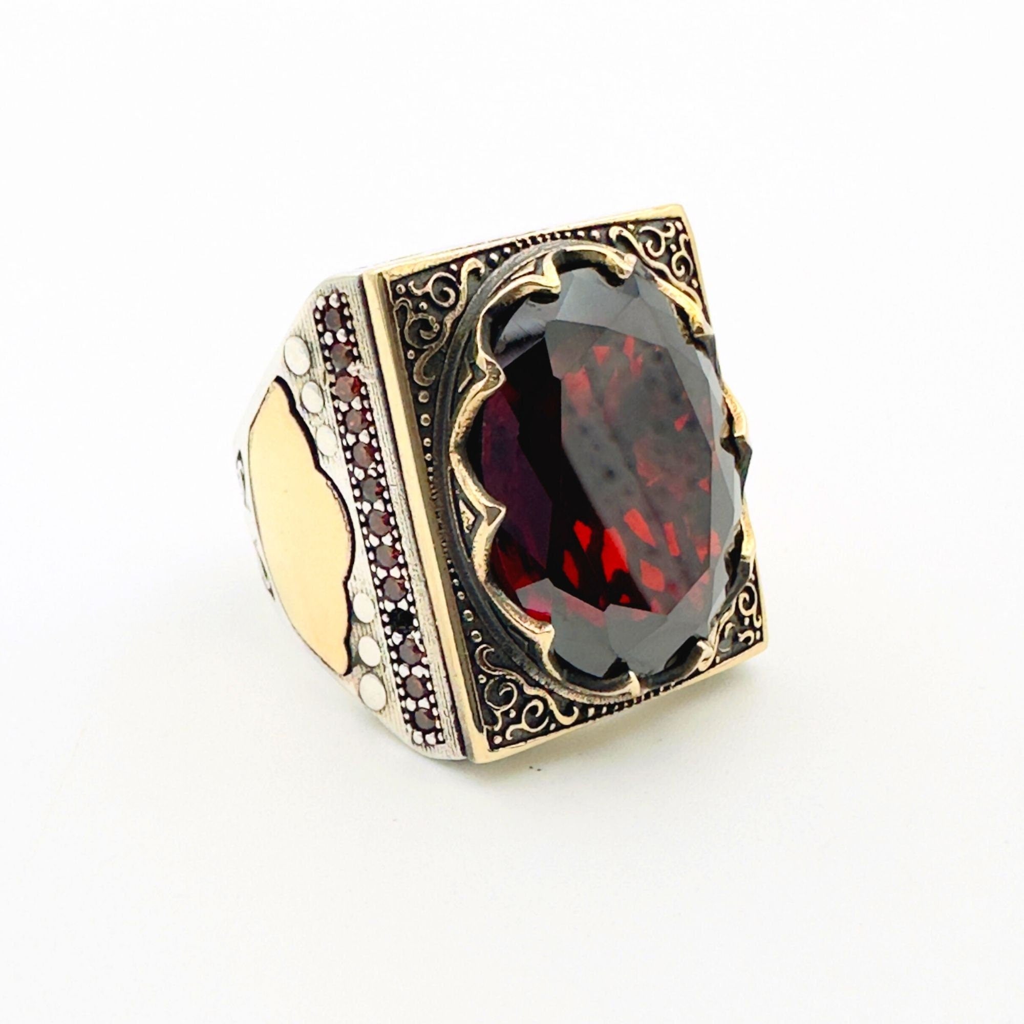 Men's Handmade Ottoman Style Ruby Ring - 925 Sterling Silver Gemstone Gift for Him