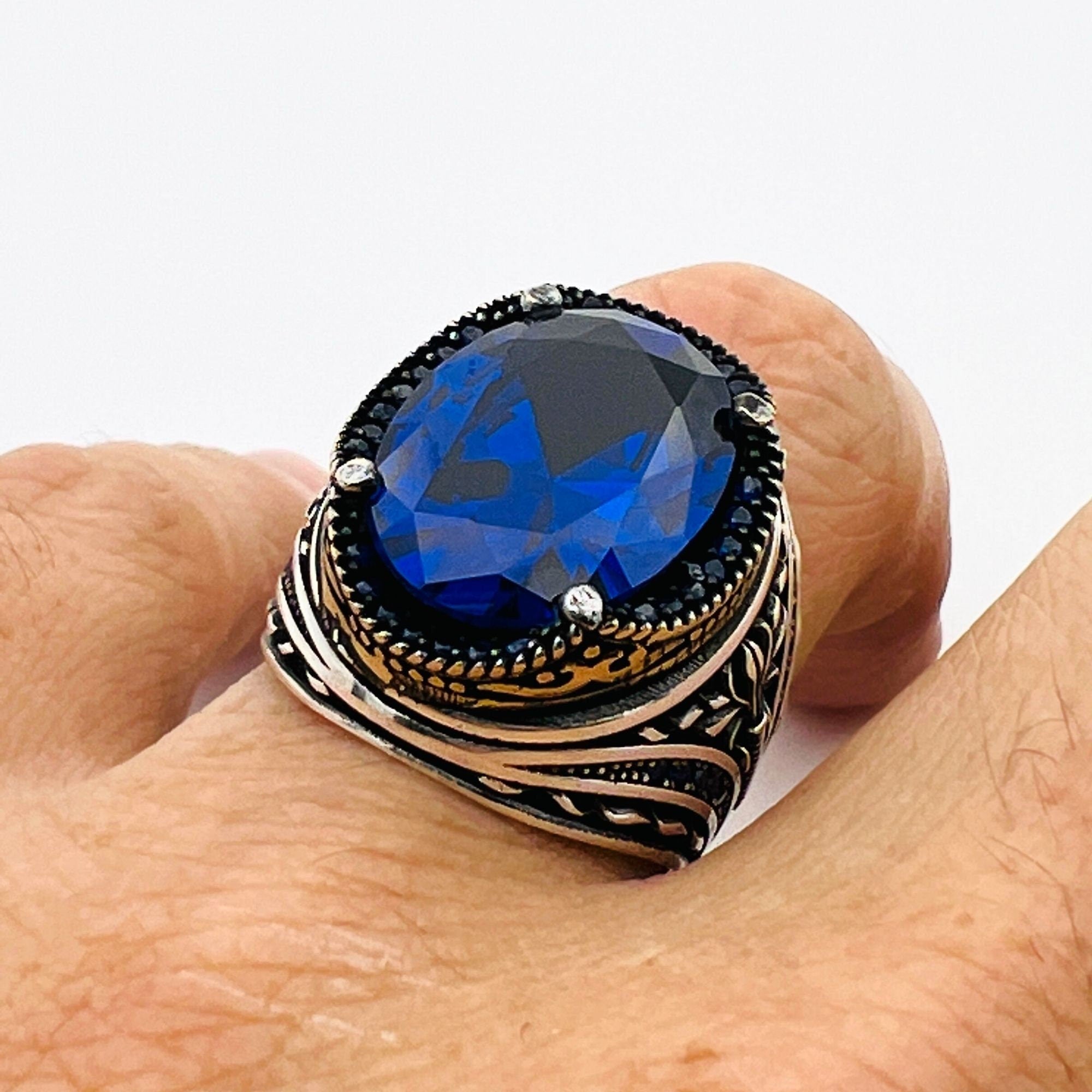 Turkish Handmade Men's 925 Sterling Silver Oval Blue Sapphire Ring