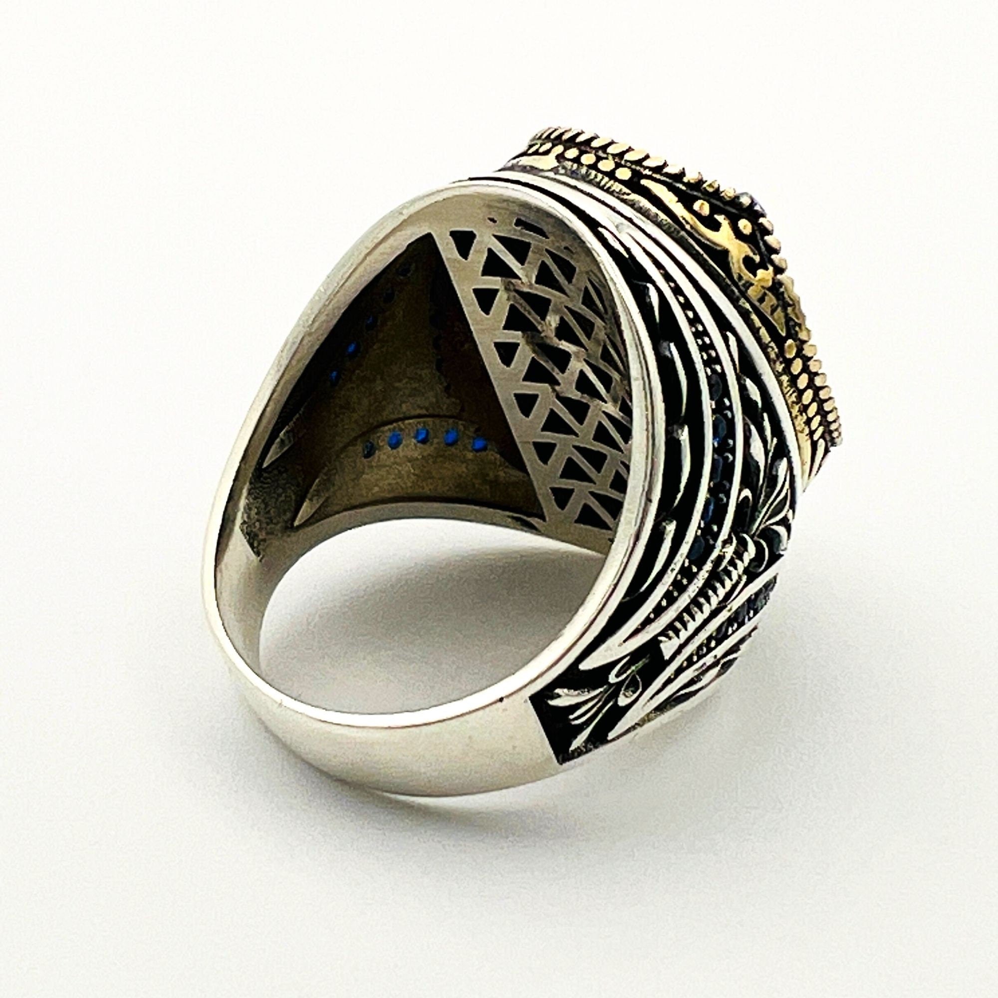 Turkish Handmade Men's 925 Sterling Silver Oval Blue Sapphire Ring