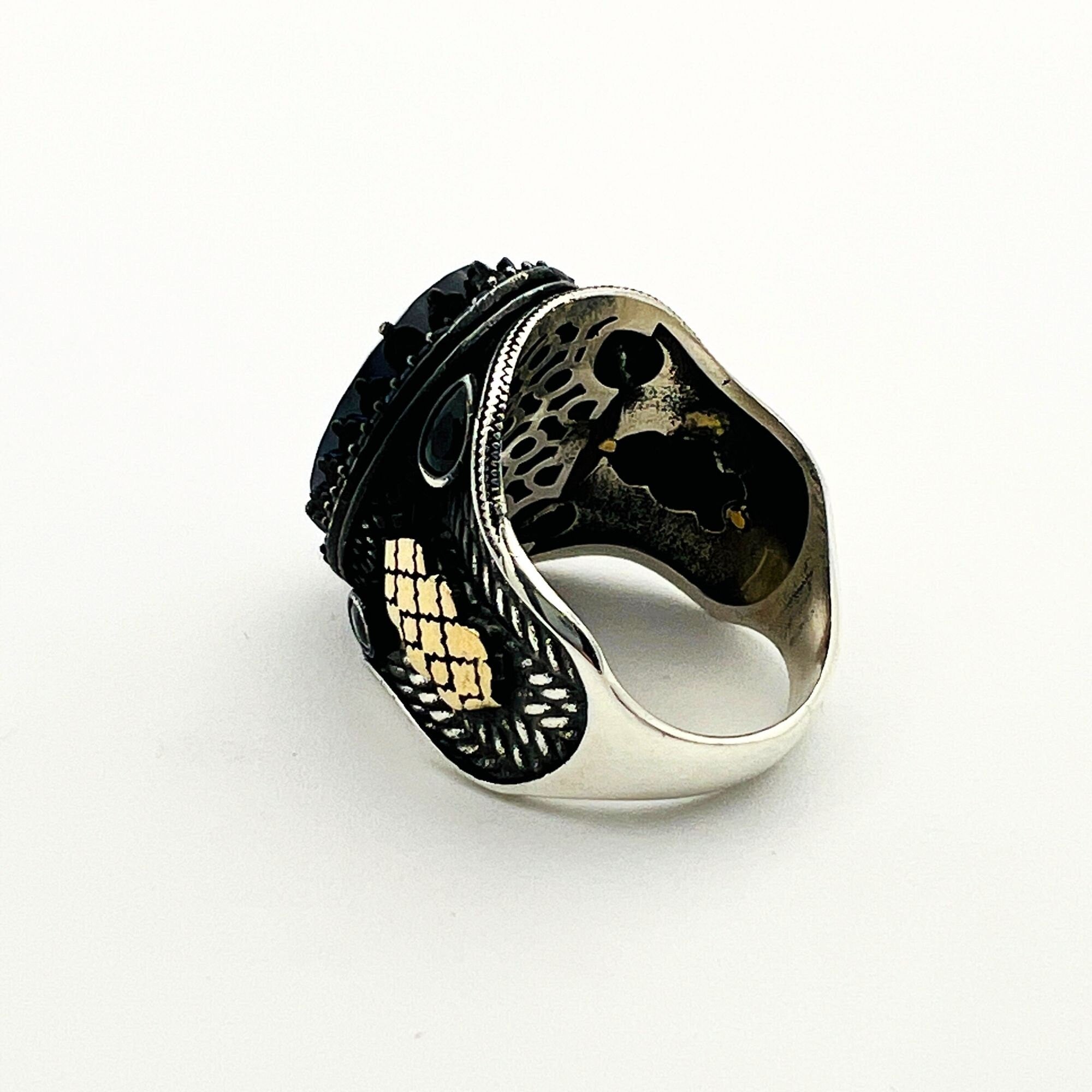 خاتم رجالي تركي مصنوع يدويًا من الفضة الإسترلينية 925 مع الياقوت الأزرق العثماني - هدية بيان عتيقة