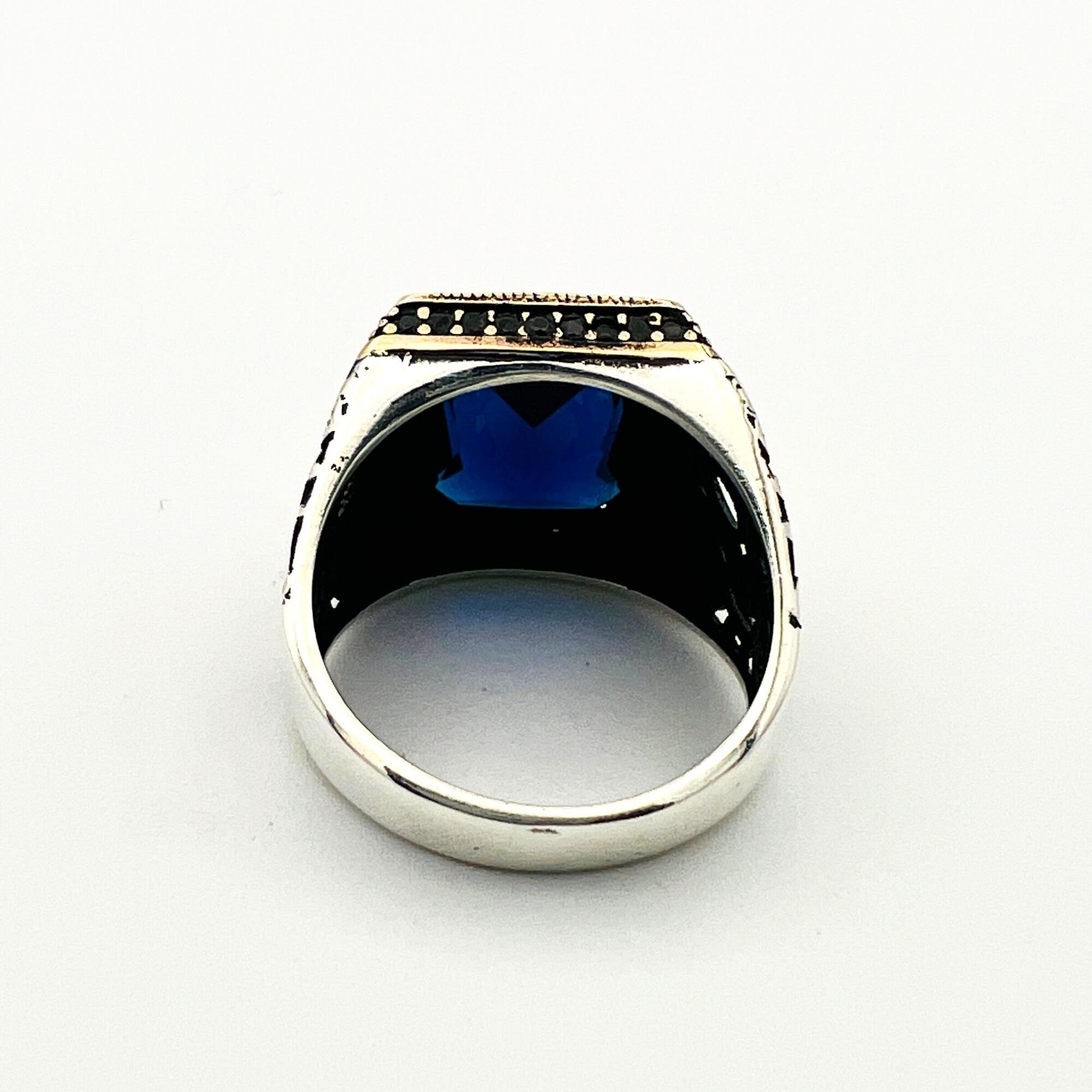 Turkish Handcrafted Men's Blue Sapphire Sterling Silver Ottoman Ring
