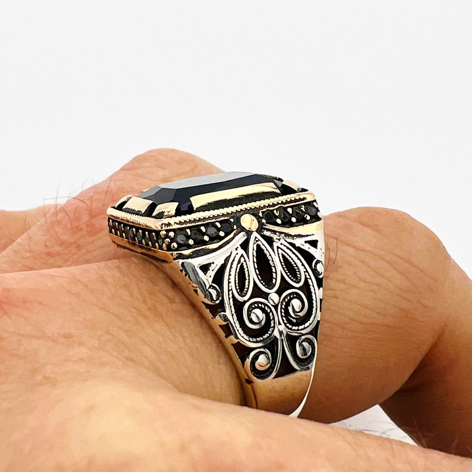 Turkish Handcrafted Men's Blue Sapphire Sterling Silver Ottoman Ring