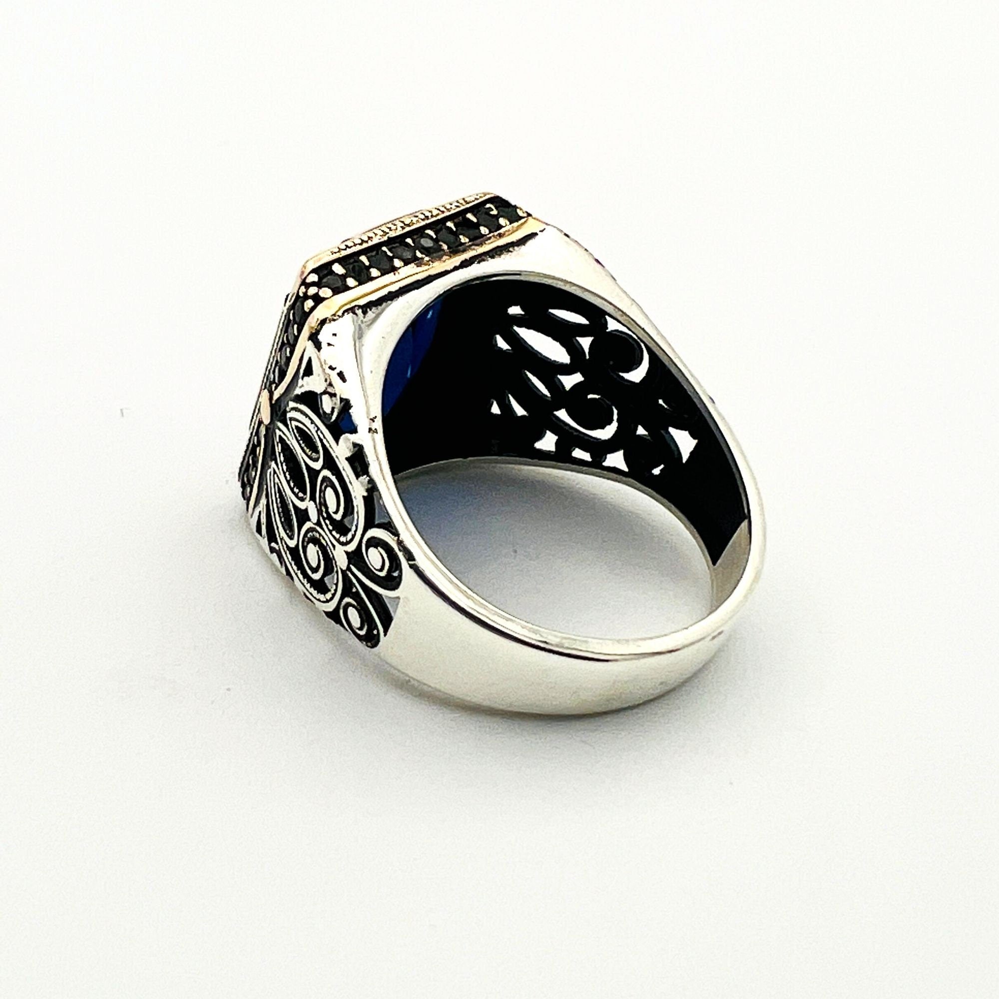 Turkish Handcrafted Men's Blue Sapphire Sterling Silver Ottoman Ring