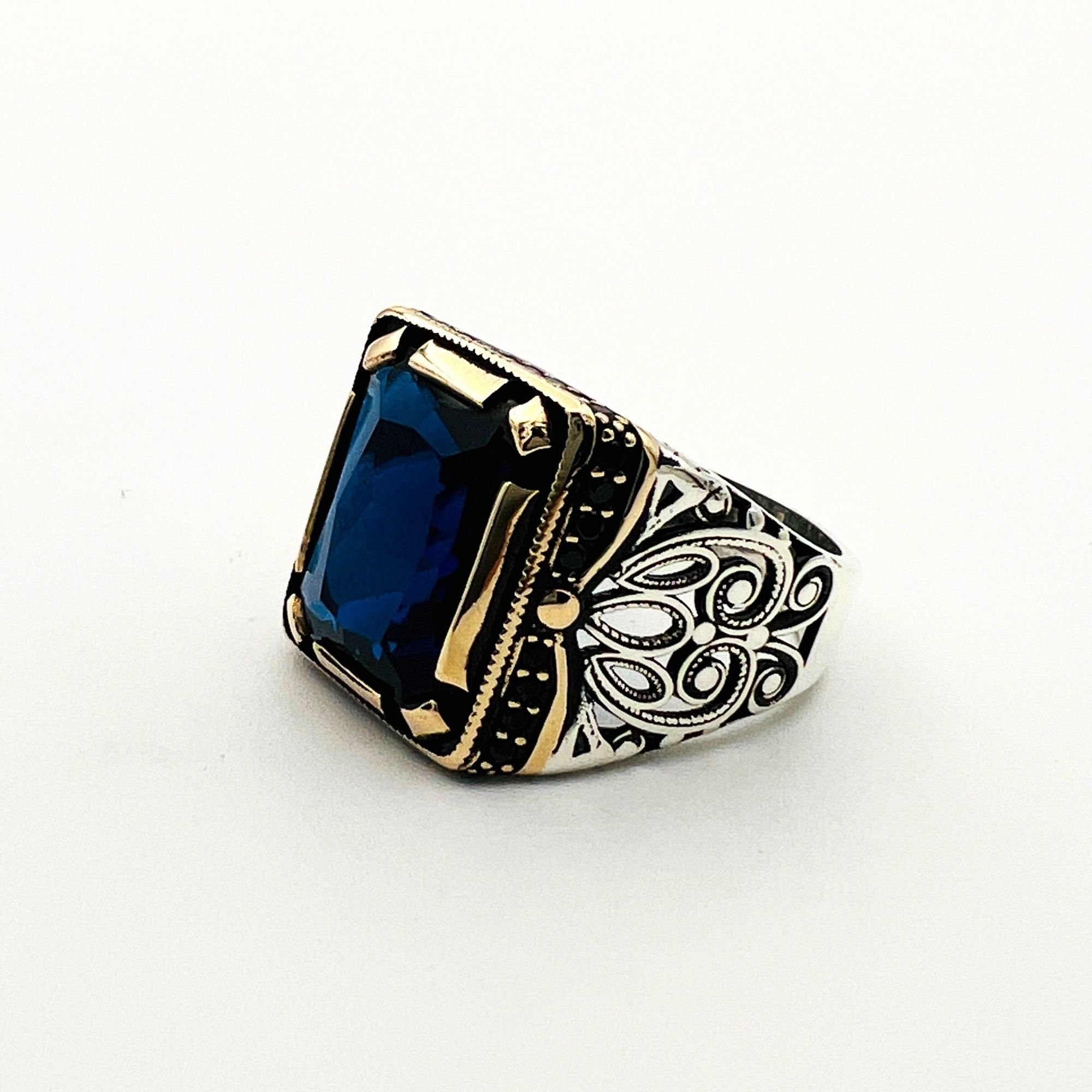 Turkish Handcrafted Men's Blue Sapphire Sterling Silver Ottoman Ring