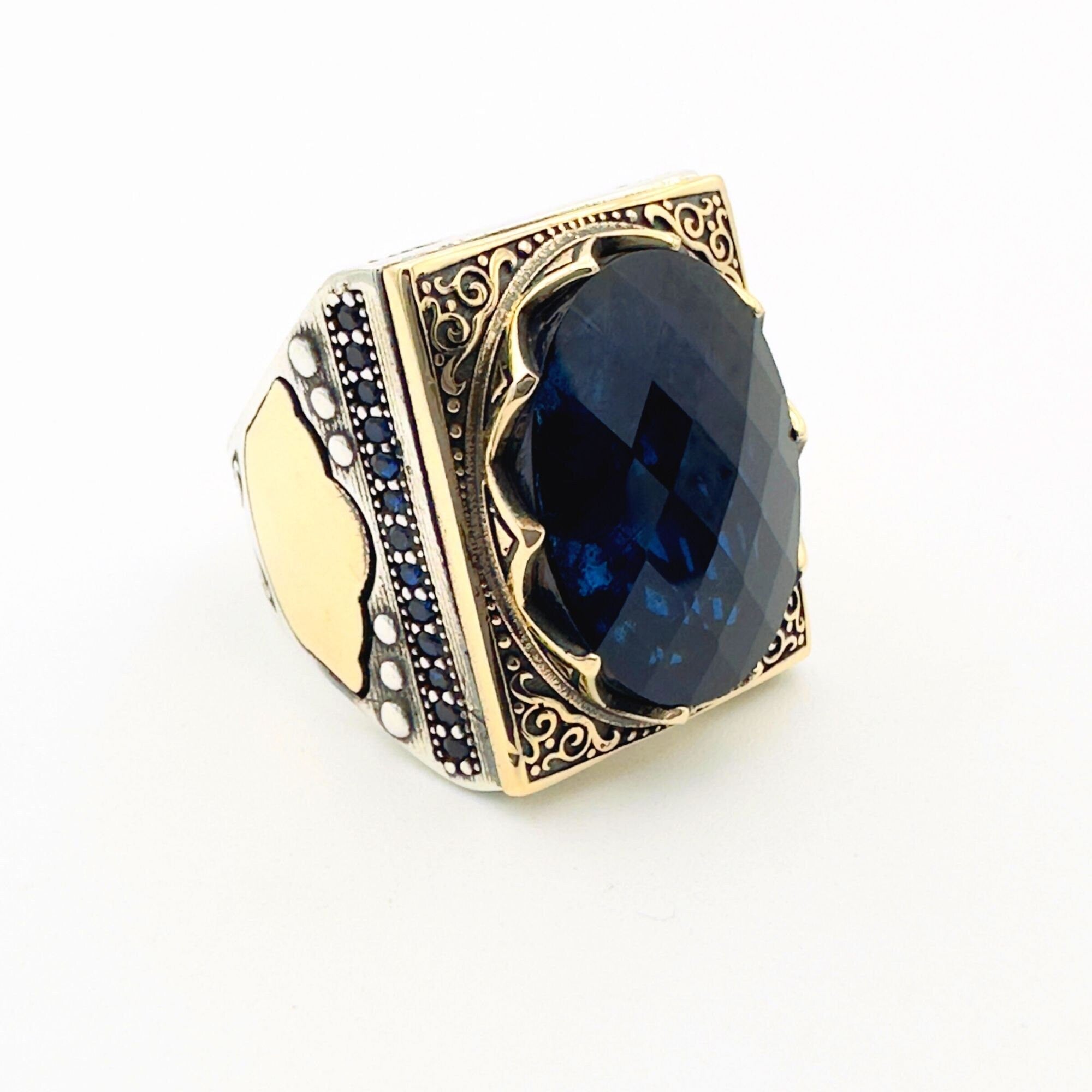 Men's Ottoman Style Blue Zircon 925 Sterling Silver Ring | Statement Gift for Him