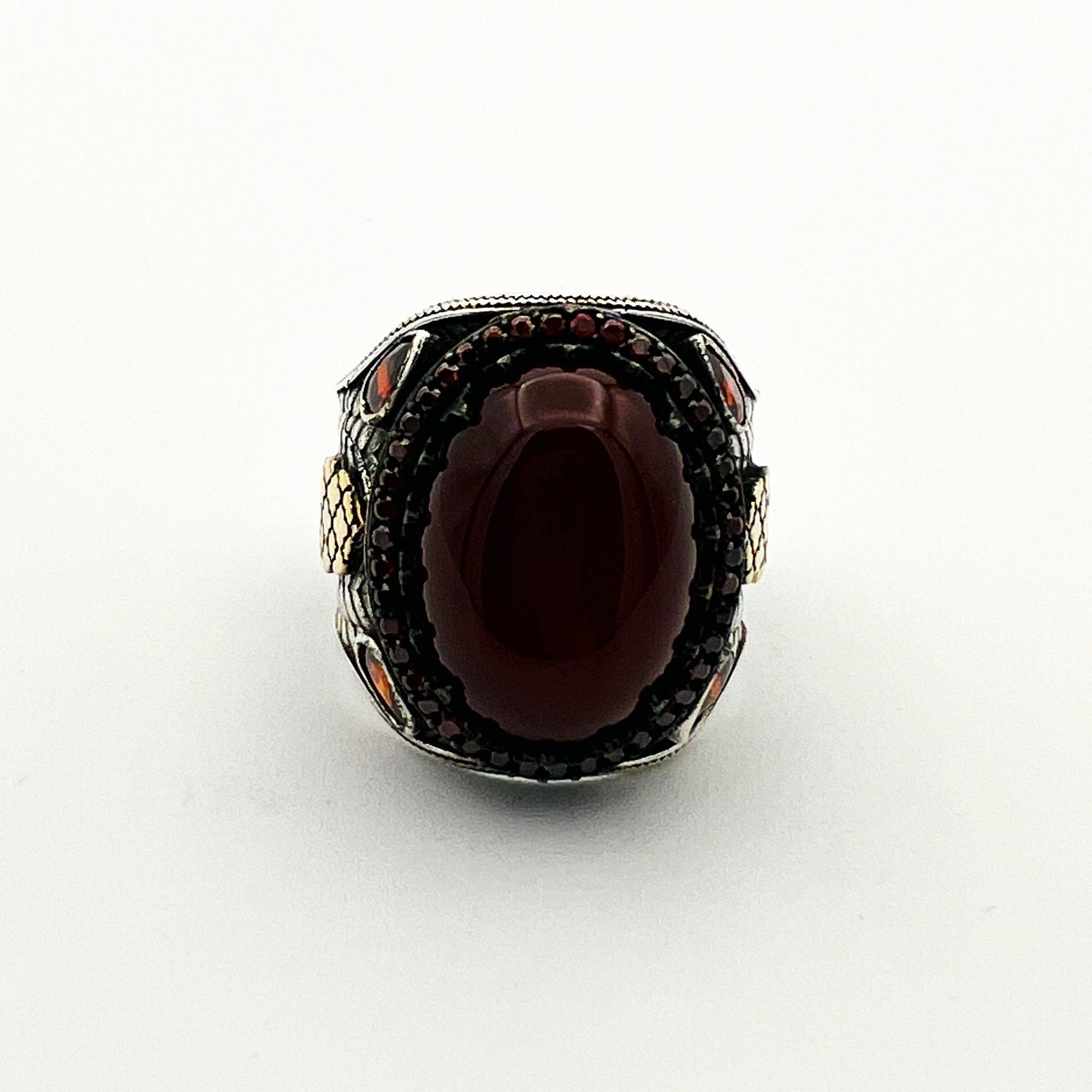 خاتم عثماني رجالي تركي مصنوع يدويًا من الفيروز الأحمر وفضة استرليني 925