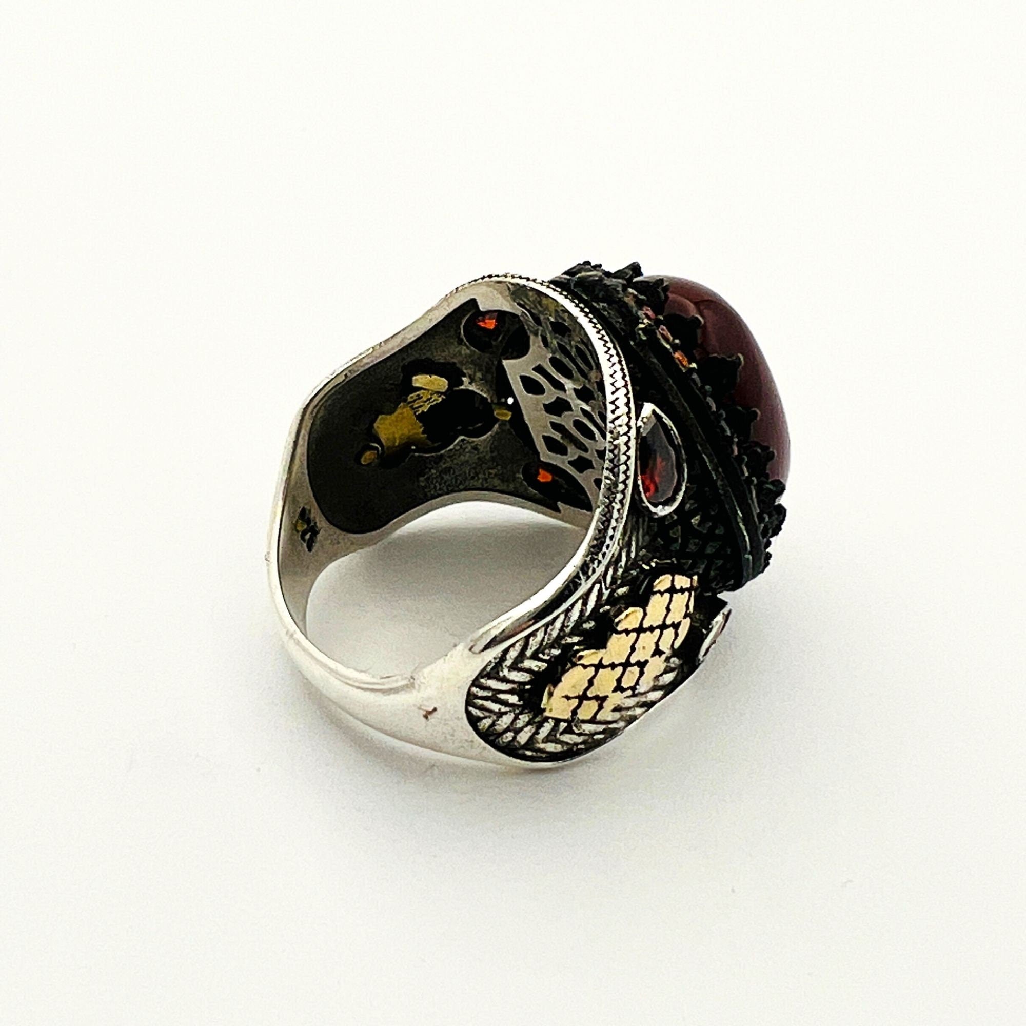 خاتم عثماني رجالي تركي مصنوع يدويًا من الفيروز الأحمر وفضة استرليني 925