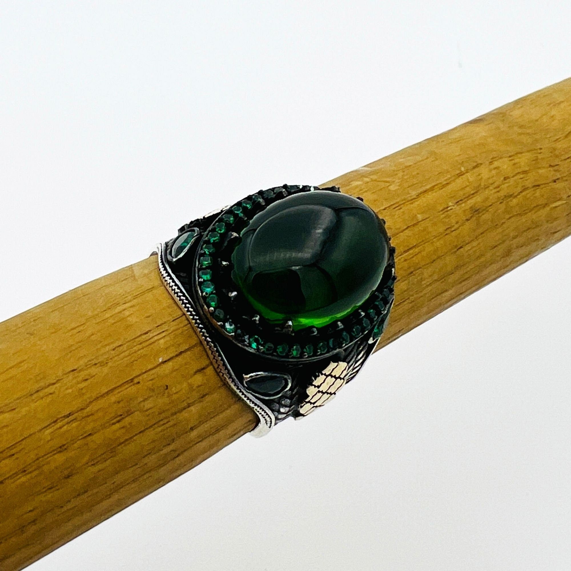 Men's Exquisite Green Agate 925 Sterling Silver Ottoman Style Turkish Handmade Ring